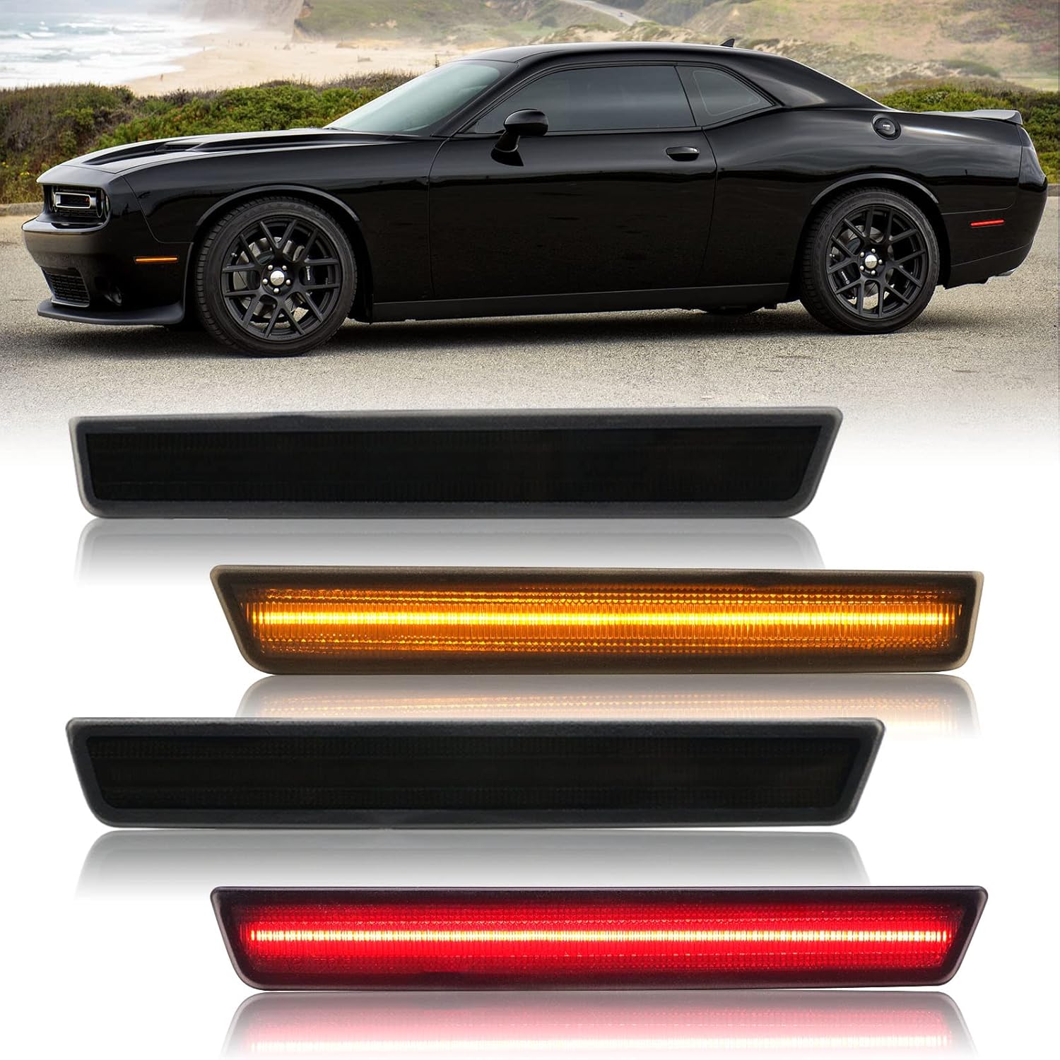 R&F Auto 4PCS LED Amber Red Side Marker Lights for Challenger 2015-2023, Smoked Lens, Replace OEM#: 68195788AB, 68195797AB