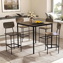 COSTWAY Dining Table Set for 4, Counter Height Table & 4 Bar Stools, Grey