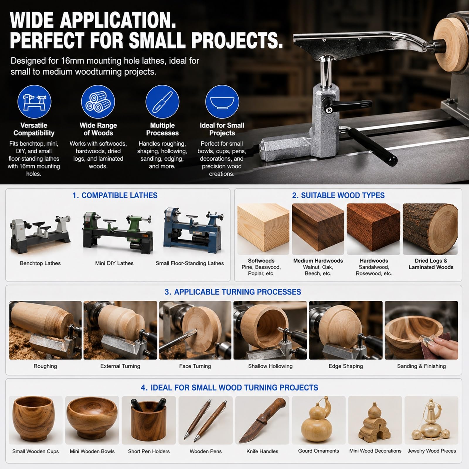 Kit de repose-outils pour tour à bois avec base de 280 mm et poteau de 76 mm de haut pour les bricoleurs, idéal pour les travaux manuels de petites tasses en bois, bols, porte-stylos et projets à