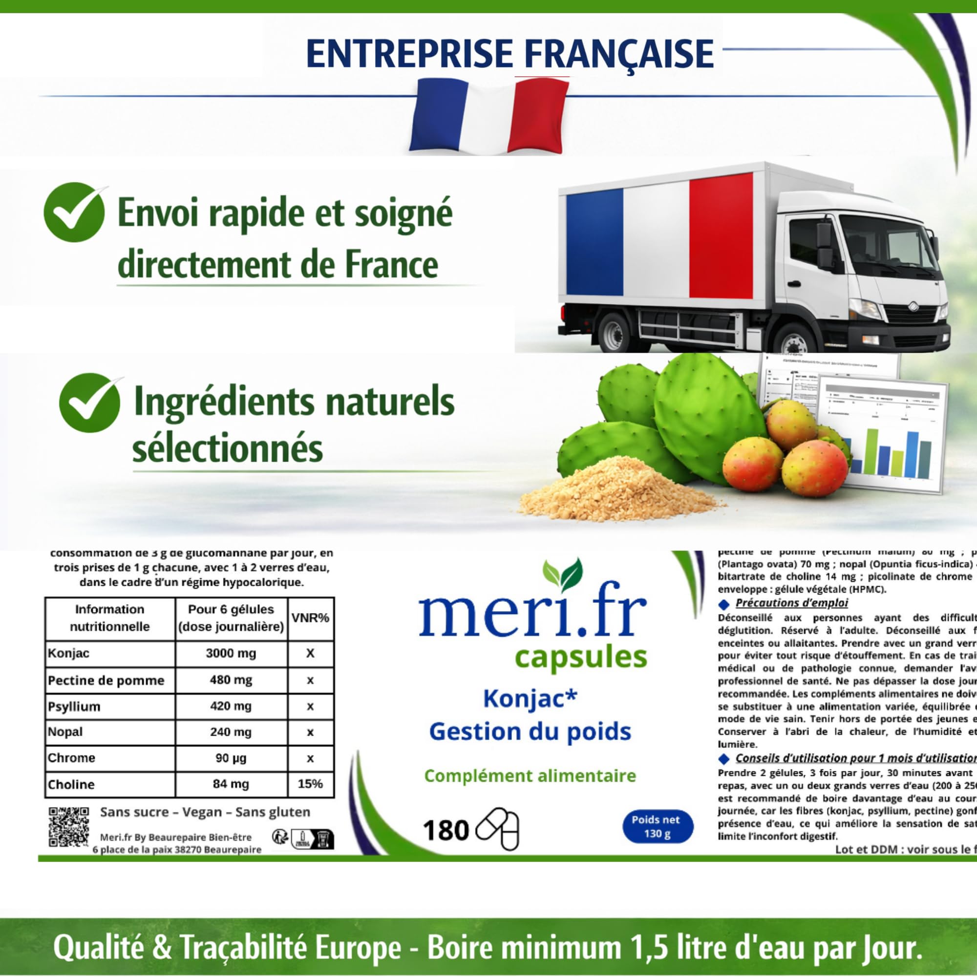 Meri.fr Complément Alimentaire Konjac Glucomannane, Fibres Naturelles, Vegan, Sans Gluten, 180 Gélules Végétales - lot de 2x180 capsules