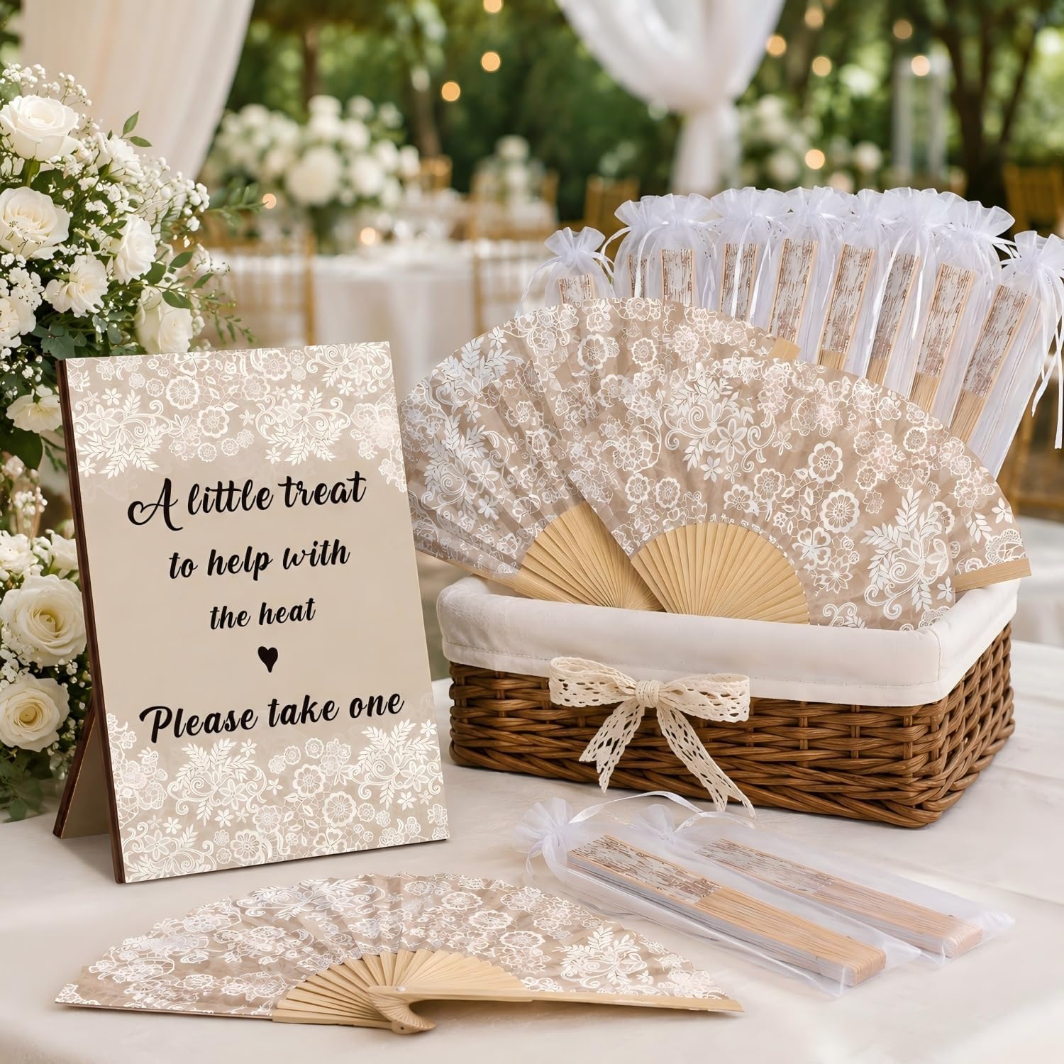 Leinuosen 51 Pcs Wedding Favors for Guests Bulk 25 Wedding Foldable Hand Fans Vintage Lace Handheld Paper Fans with 25 Organza Bags and a Table Sign Decor for Bridal Shower Favor Appreciation
