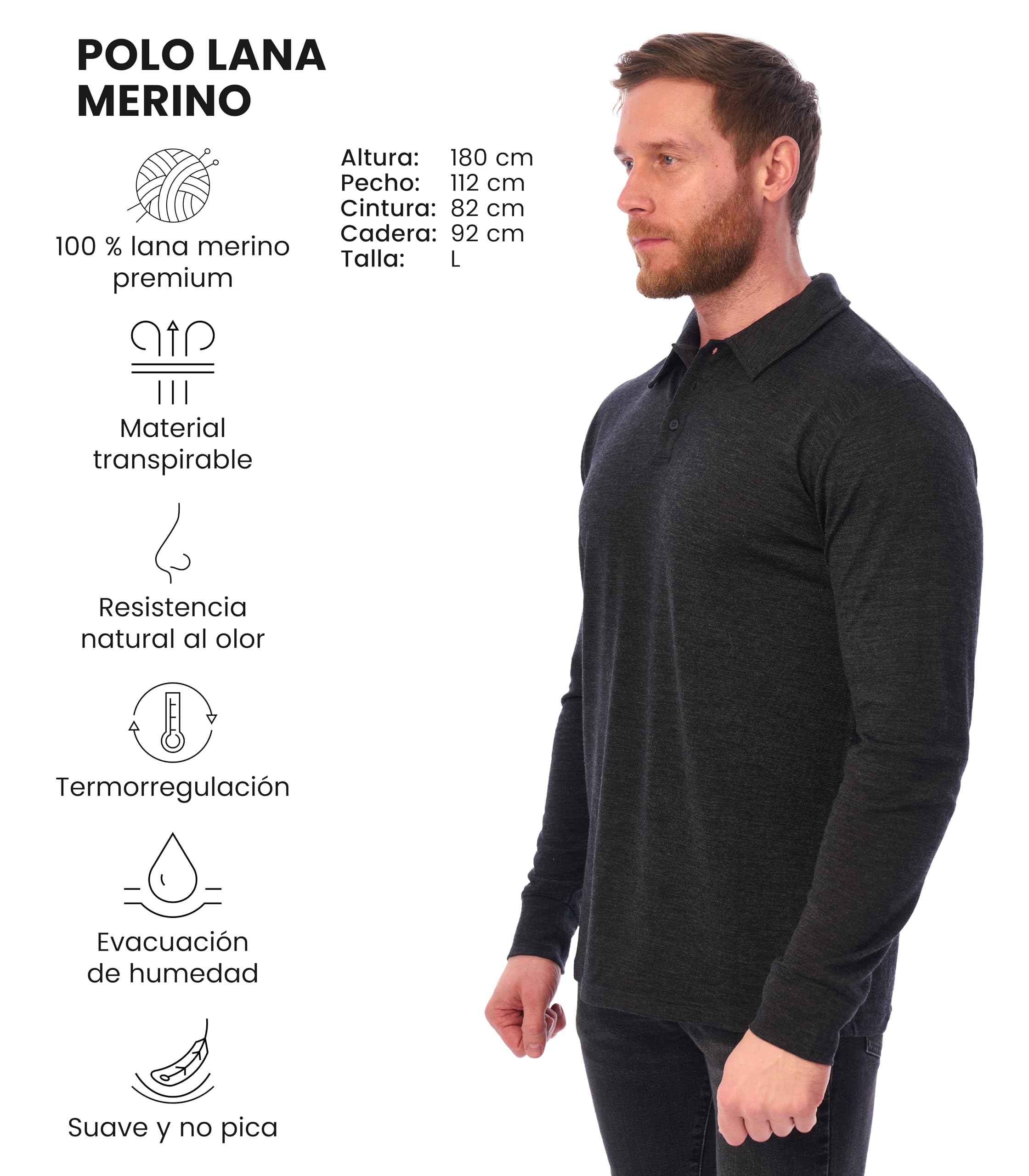 Merino.tech Polo Lana Merino para Hombre - Camiseta Lana Merino 100% (XX-Large, Long Sleeve Charcoal)
