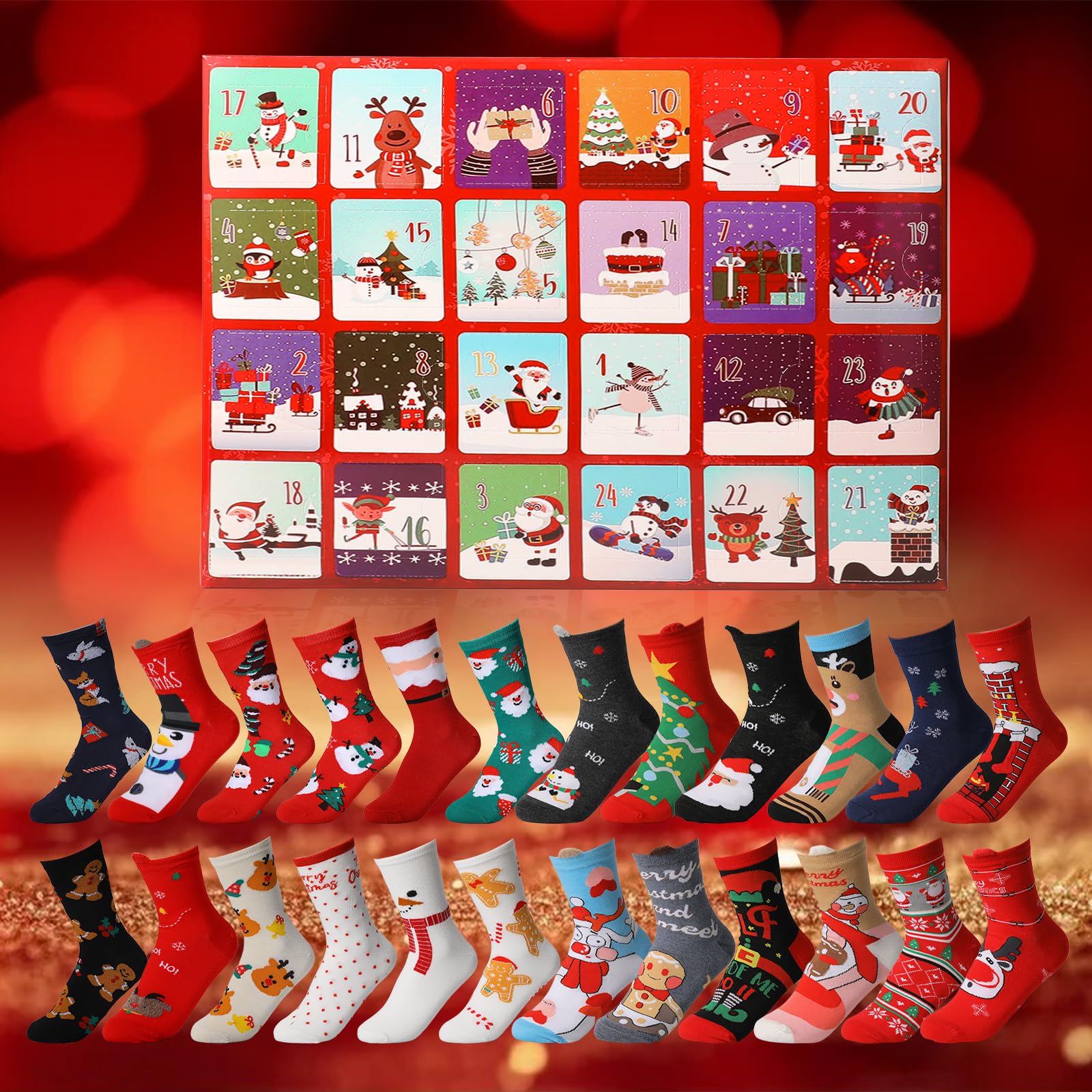 24 paires de chaussettes de Noël Calendrier de l'Avent 2025, calendrier de 24 jours, chaussettes parfaites pour cadeau pour hommes et femmes, ensemble de chaussettes douillettes de Noël pour adultes