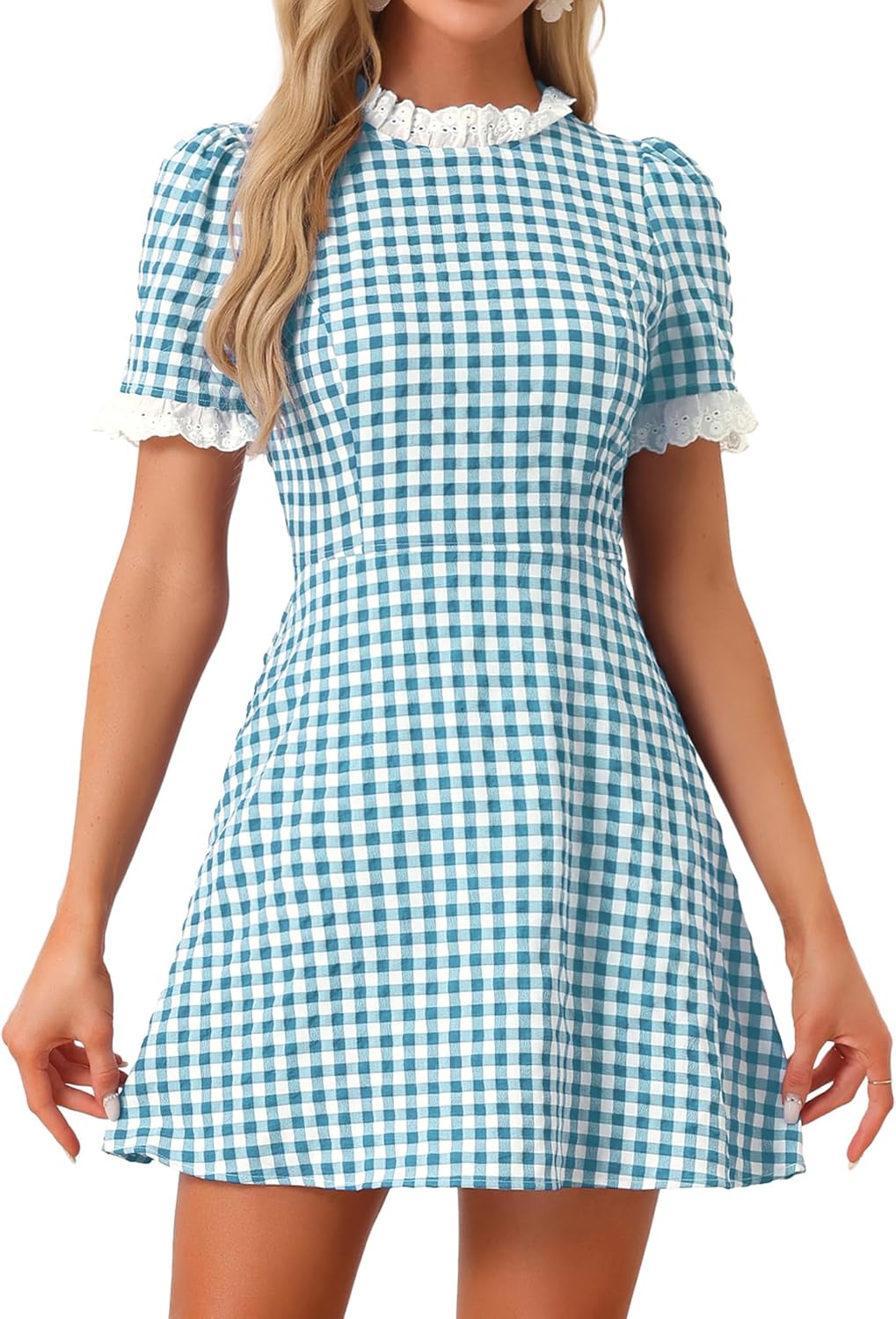 Allegra K Women Gingham Dress Summer Short Sleeve Crew Neck Lace Panel Plaid Mini Dresses Halloween Dorothy Costume