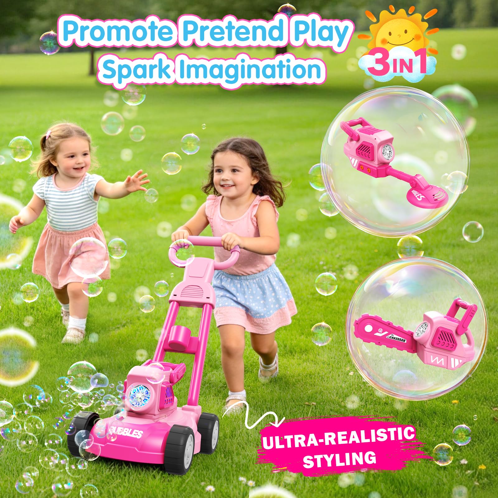 Bubble Lawn Mower for Kids, 3-in-1 Bubble Machine Blower with 10 Bubble Solution, Outdoor Push Toys for Toddlers Ages 3-8, Birthday Easter Summer Gift for Boys Girls 3 4 5 6 7 8 Year Old - 3