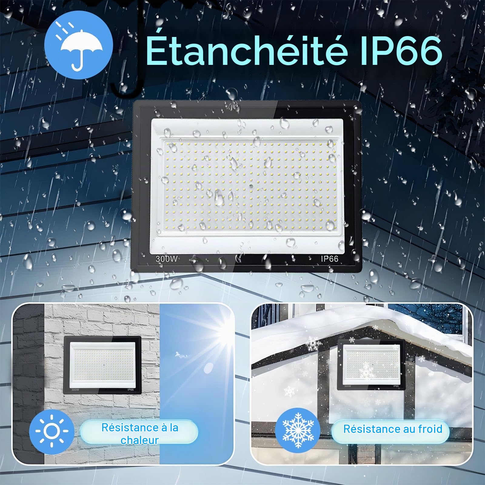 2 Pièces Projecteur LED Extérieur 300W, 1M Câble Blanc Froid 6500K Projecteur LED, Spot led Extérieur IP66 Étanche, pour Jardins, Terrasses, Cours, Balcons, Parcs, Garages, Usines, Carré
