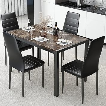 DKLGG Dining Table Set for 4, Kitchen Table and Chairs Set of 4 Faux Marble Dining Room Table Set, Small Kitchen Table with 4 PU Leather Upholstered Chairs for Small Space Apartment, Brwon