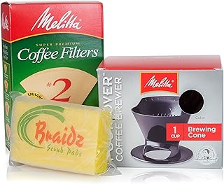 Melitta Coffee Maker Single Cup Pour Over Coffee Brewer with Natural Brown Cone Coffee Filters #2 100-Count and a Braidz S...