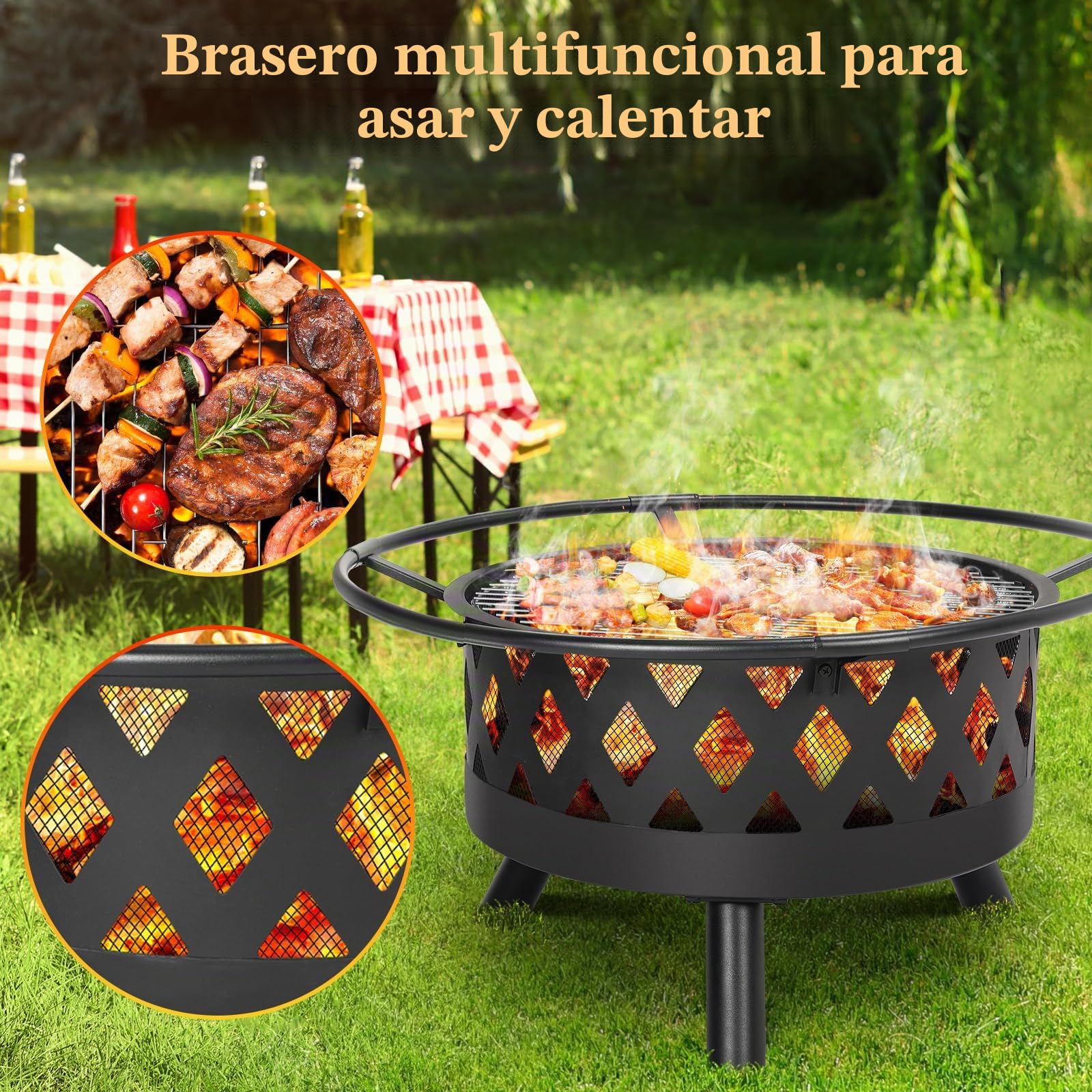 TLSUNNY Brasero Exterior Jardin, Ø80 cm Brasero con Protector Antichispas y Atizador, con Parrilla, Fire Pit para Jardin y Terraza, Grande Estufa Exterior, Negro, para Asar y Calentar