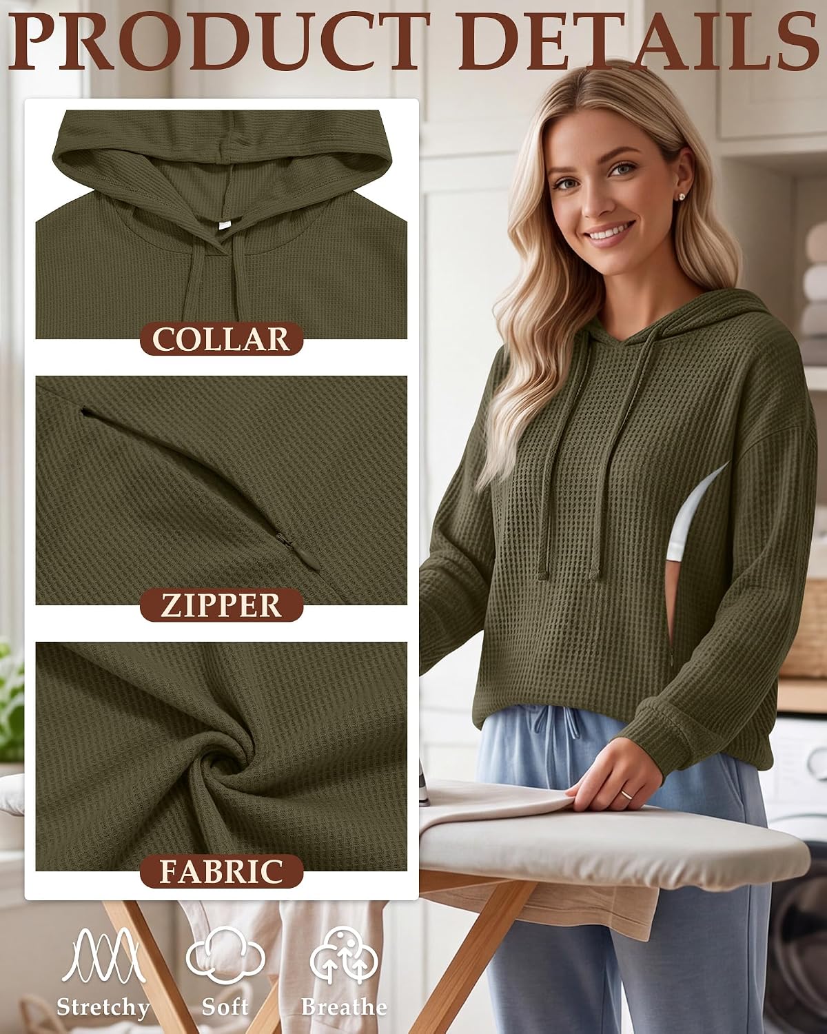 Neer Women's Nursing Hoodie Tops Waffle Knit Maternity Breastfeeding Sweatshirt Fall Long Sleeve Casual Clothes with Zipper