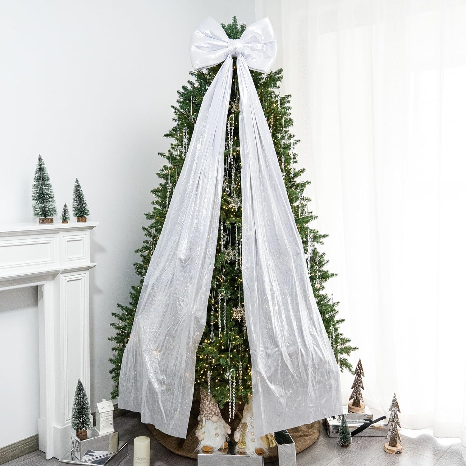 Christmas Tree Topper Bow?67x16 Inch Extra Large Room Decor Ribbon Bow for Wedding Engagement Birthday Party?Giant Xmas Bow Decorations for Home Wreath Door Wall(White Silver)