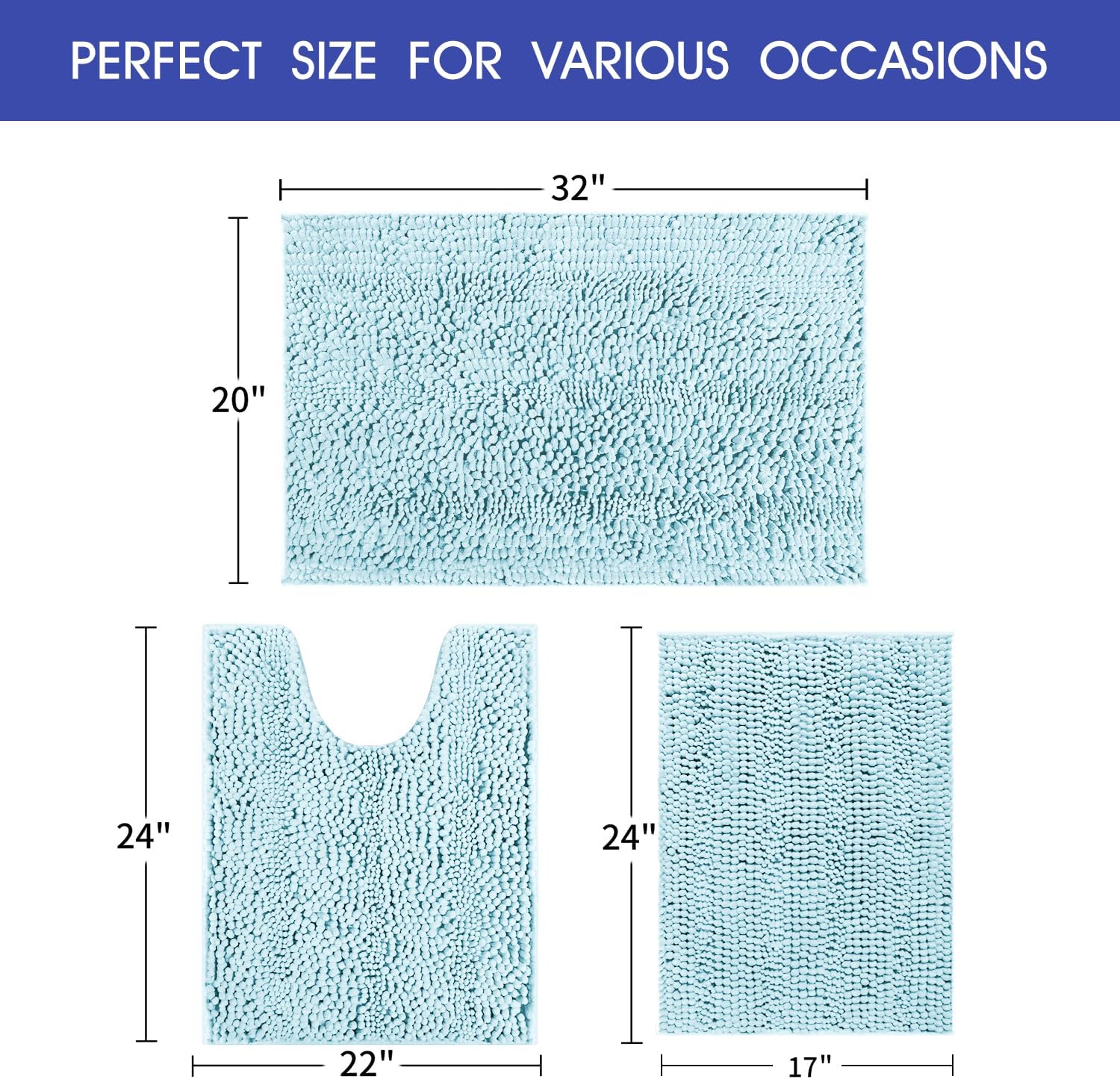 Striped Spa Blue Bathroom Rug Set 3 Pieces Ultra Soft, Non Slip Chenille Bath Carpet, Absorbent Plush Shaggy Bath Mats for Bathroom, Toilet, Bedroom, Kitchen - Image 2