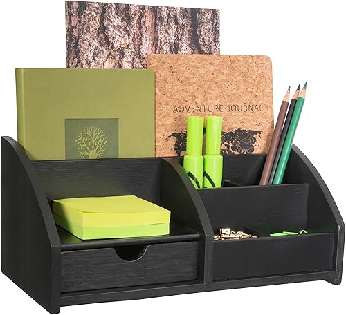 MissionMax Organizador de escritorio de bambú mediano negro y almacenamiento con cajón y compartimentos para todas tus necesidades de oficina y hogar