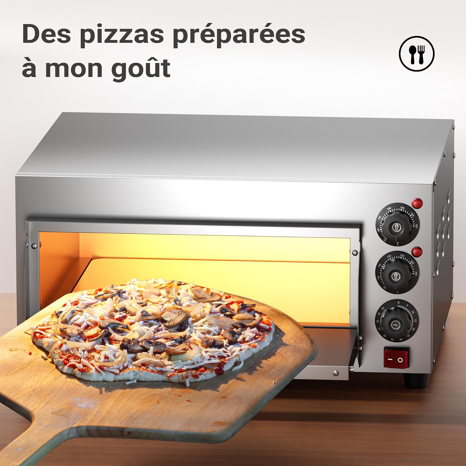 Raw pizza on a pizza peel being inserted into the Wiltec Electric Pizza Oven