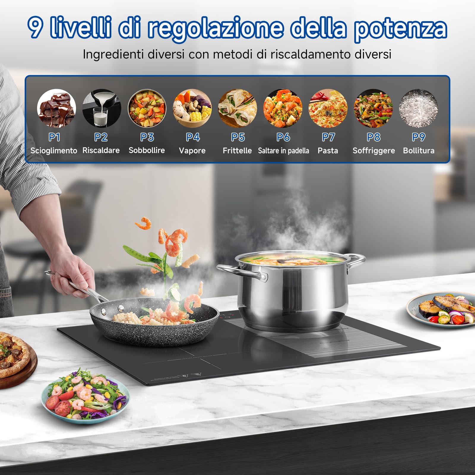 Piano cottura a induzione AMZCHEF da 60 cm con 4 zone boost flessibili, 9 livelli, funzione warm up e STOP + GO, 7400W, touchscreen, blocco di sicurezza e timer