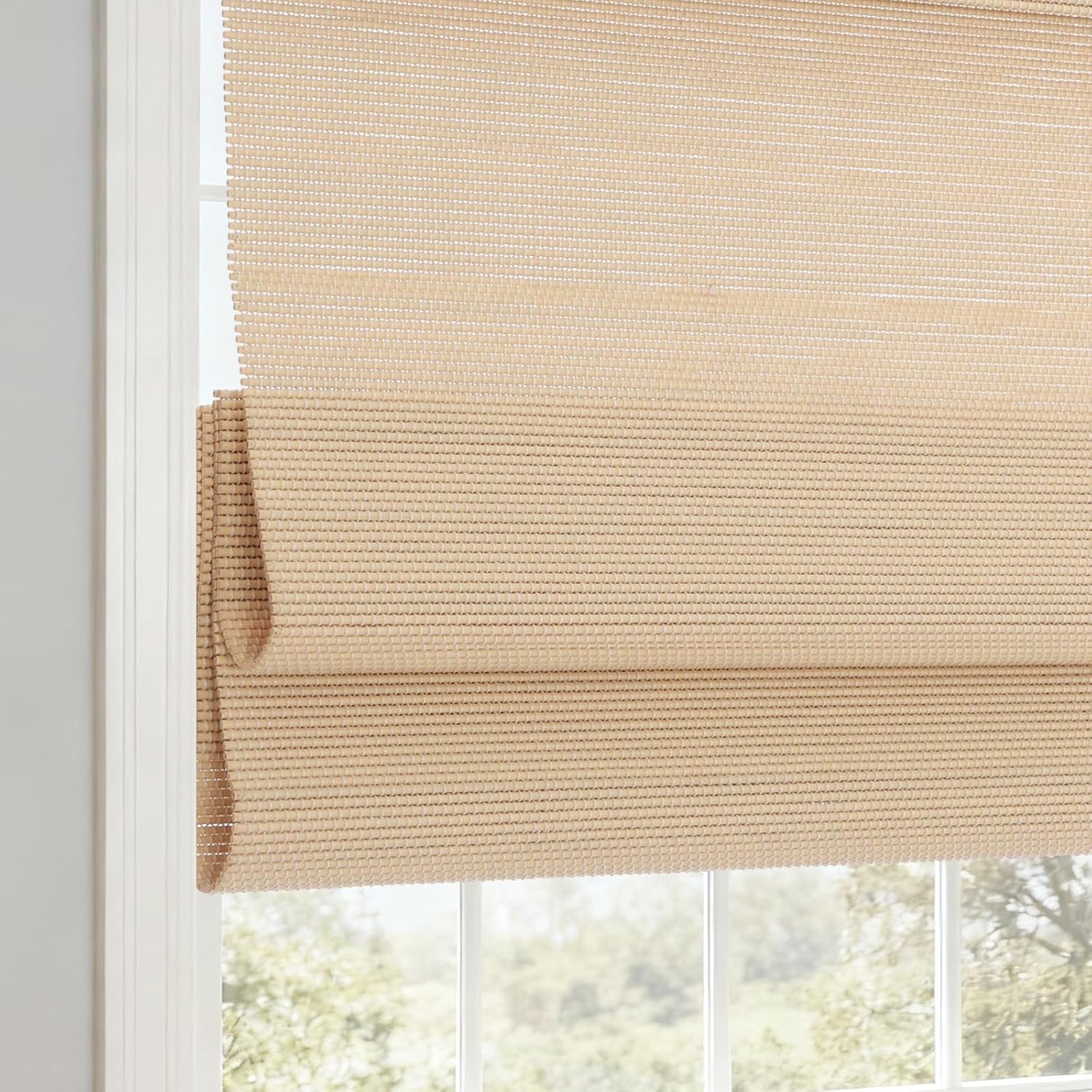 Sunbox Blackout Bamboo Shades, Cordless Lined Roman Shades Window Blinds, Custom White Woven Bamboo Blinds for Bedroom, French Doors, Soft Cream