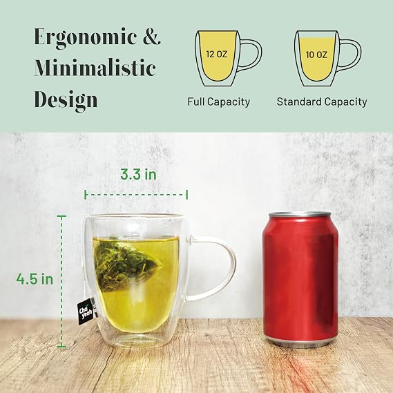 Double Wall Glasses, 12 OZ Insulated Cups with Handle, Perfect for Tea, Coffee, Water, and More (Set of 2)