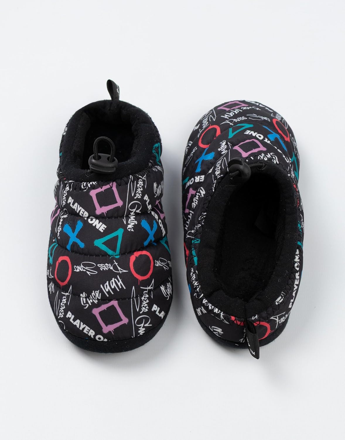 PlayStation Boys Black Slip On Loafer Slippers | Graphic Print with Controller Symbols & 'Player One, Forever Gaming'
