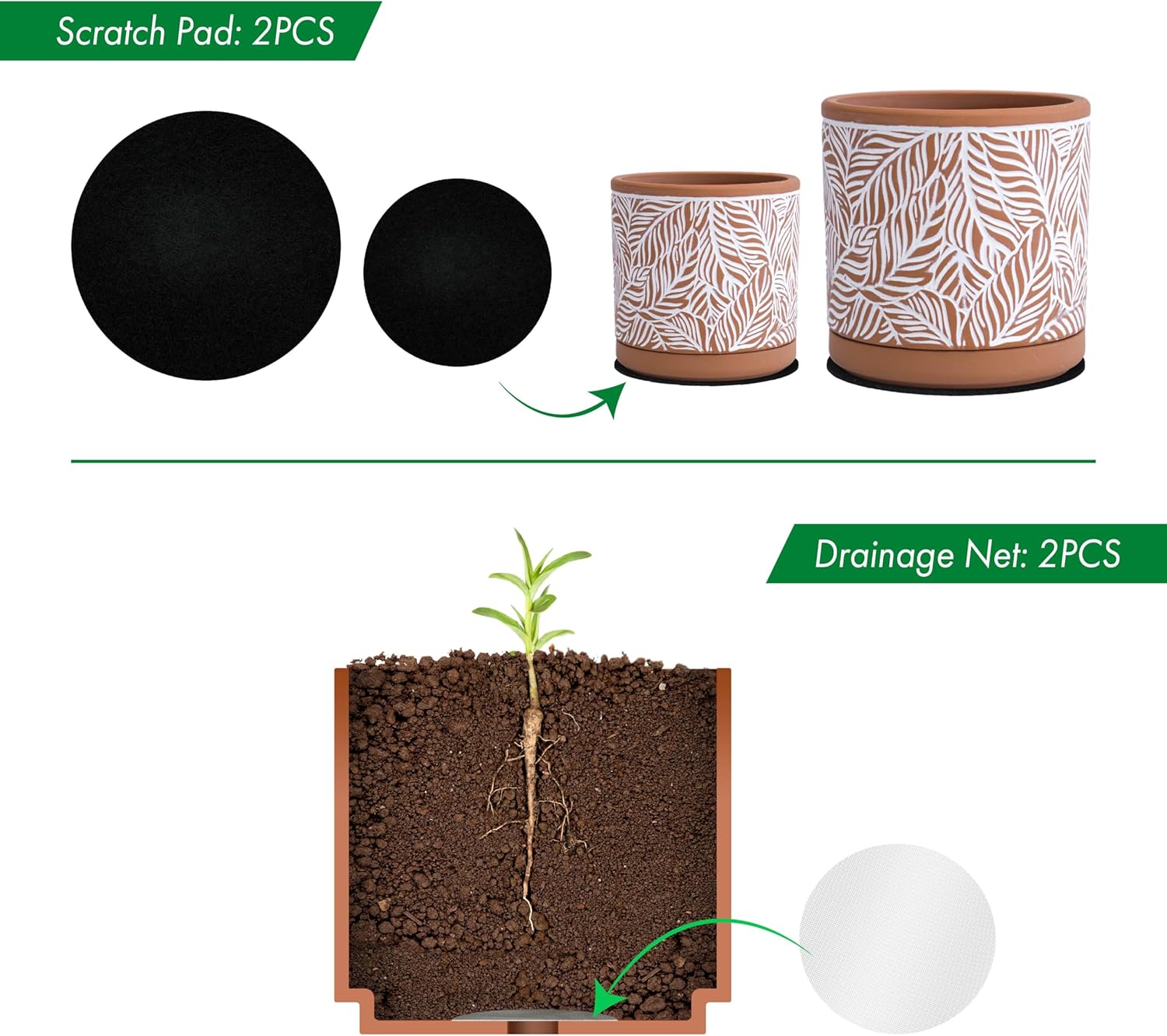 D'vine Dev Set of 2 Terracotta Pots, Leaf Pattern Planter Pot, 4 Inch and 6 Inch, Pot with Drainage Hole and Saucer, Terracotta/White, 31-958-T-1