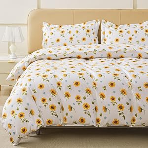 Viviland Floral Duvet Cover King Size, Sunflower Zipper Closure Duvet Cover Set, Soft Microfiber Flower Printed Bedding Set with 4 Ties