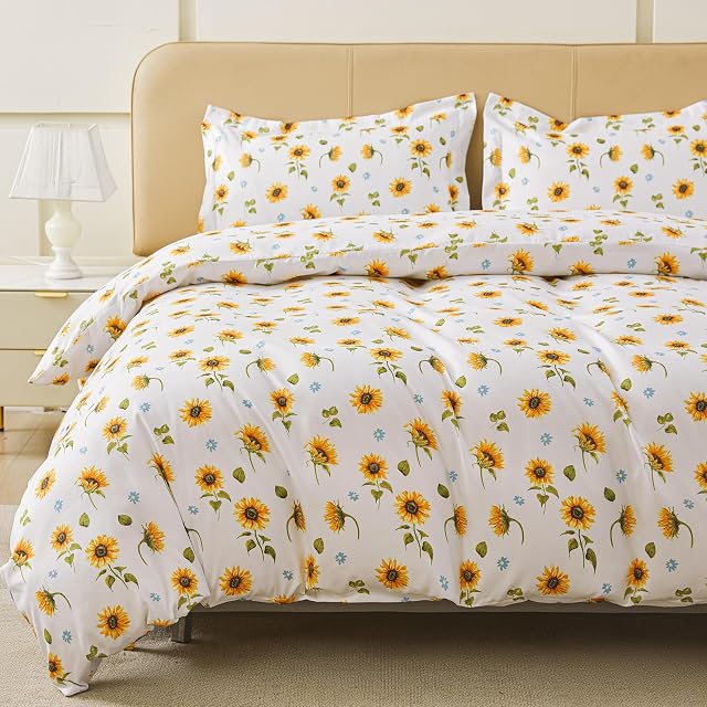 Viviland Couverture de couettes florale King Size, Ensemble de couverture de coudée de fermeture zippée de tournesol, Ensemble imprimé de literie en microfibre souple avec 4 Cravates