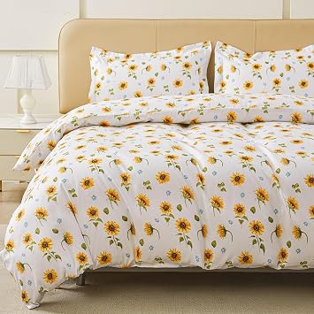 Viviland Floral Duvet Cover Queen Size, Sunflower Zipper Closure Duvet Cover Set, Soft Microfiber Flower Printed Bedding Set with 4 Ties