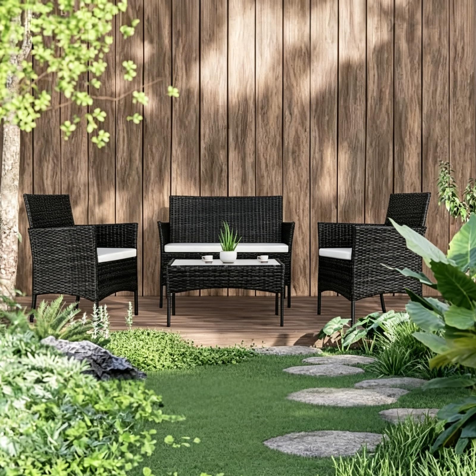 Salon de Jardin Exterieur en Résine ressée - 2 canapés Simples, 1 canapé Double et 1 Table Basse, Coussins Inclus, Salon de Jardin pour Amenagement Balcon Terrasse Veranda (Noir)