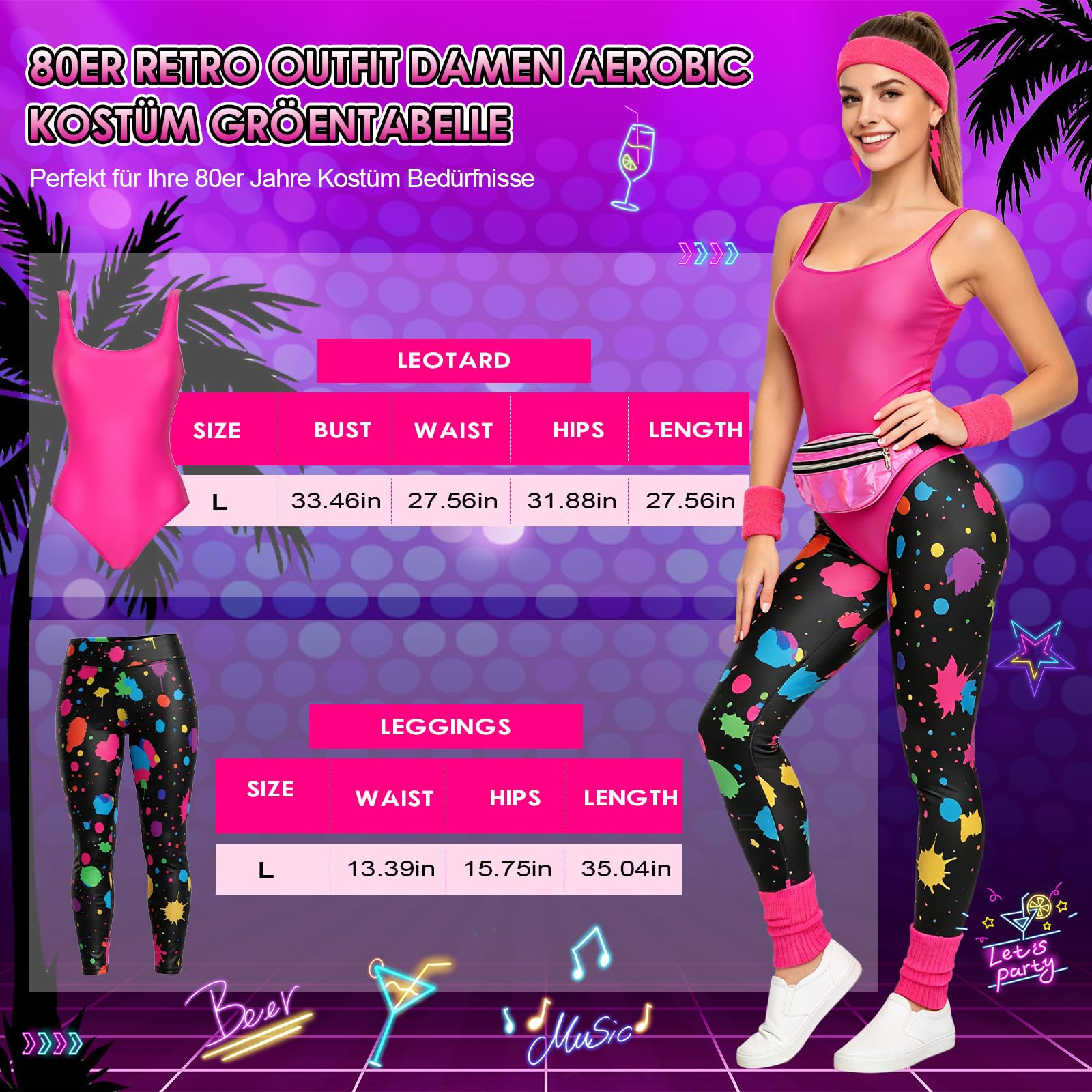 80er Jahre Outfit Damen Set 80er Jahre Kleidung Kostüm Mottoparty Retro Outfit 80er Jahre Workout Kostüm 80er Kleidung Accessoires 80 Aerobic Outfit Damen 80er Aerobic Kostüm 80 90er Sport Outfit, L