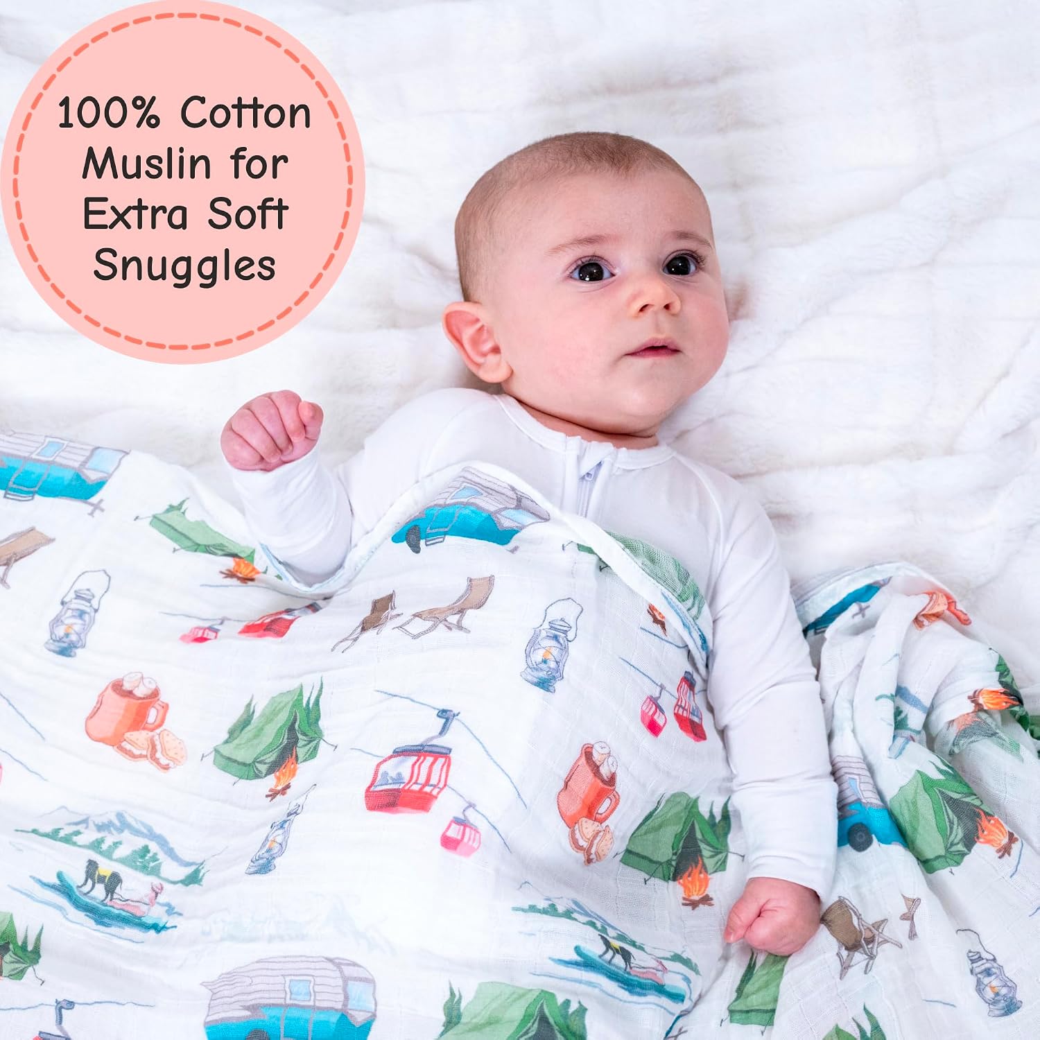 LollyBanks Baby Swaddle Blanket, 100% Cotton Neutral Muslin Blankets for Newborn Boys and Girls, Breathable 47 x 47 Inches Receiving Blanket, Soft and Lightweight Baby Wrap, Registry (Camping Print)