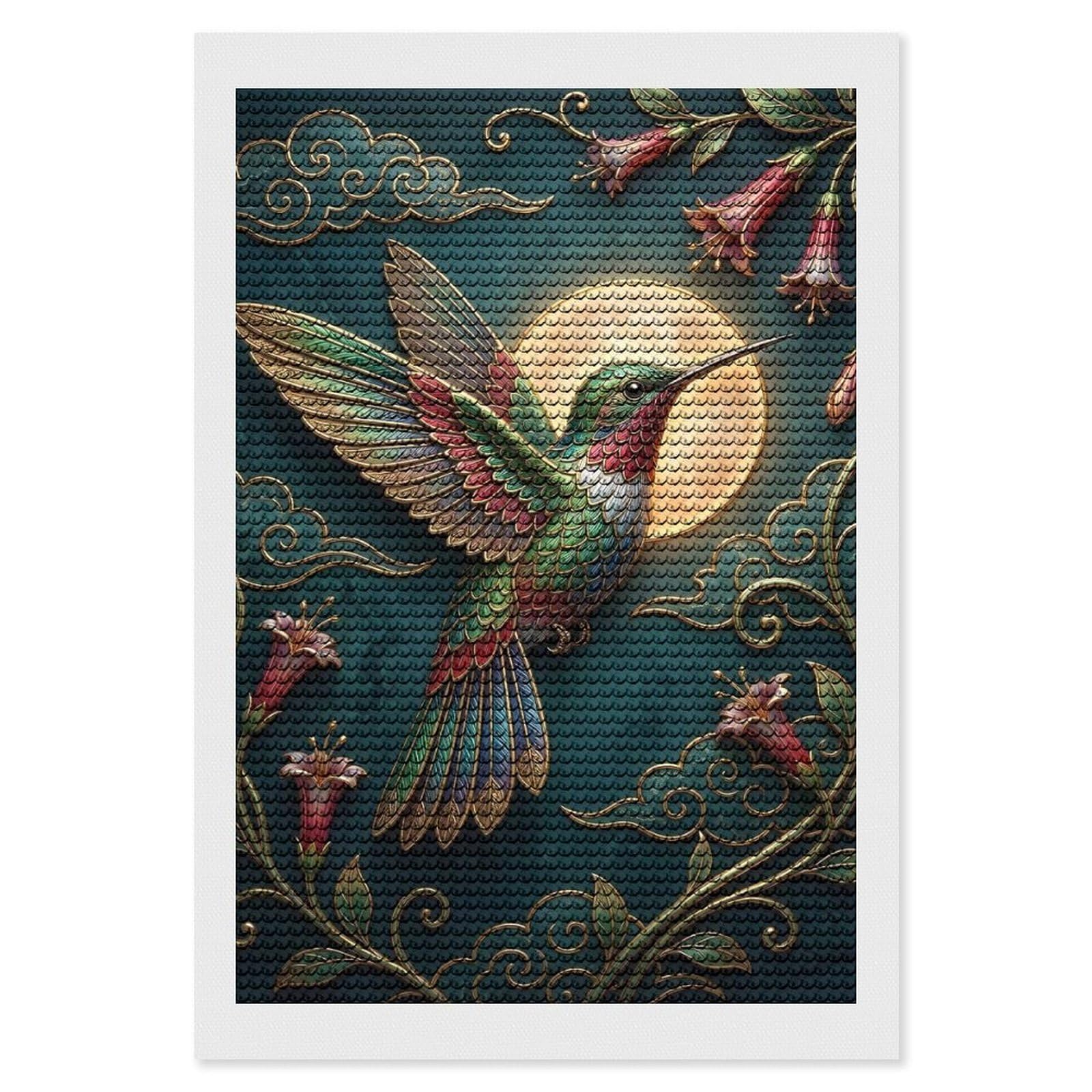 Junmoney Hummingbird with Moon and Flowers Diamond Painting Kit 8"x12", Thoughtful Handmade Gift, for Creative Relaxation, Printed Canvas, Cosy Home Accent
