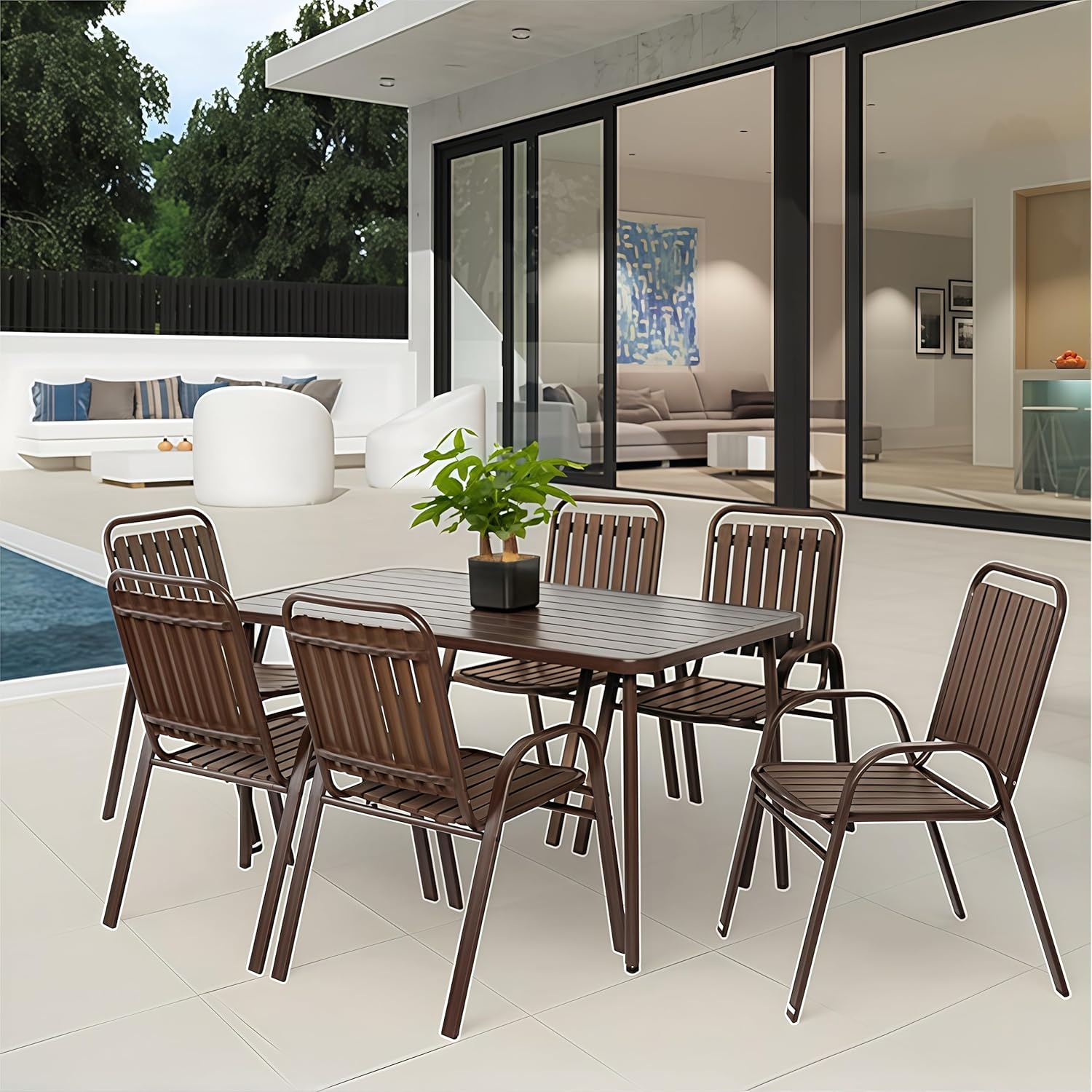 Patio Dining Set 7 Pieces Outdoor Furniture with Table Outdoor Dining Set, Rectangular Metal Steel Dining Table & Stackable Dining Chairs for Patio, Deck, Yard, Garden (Black)