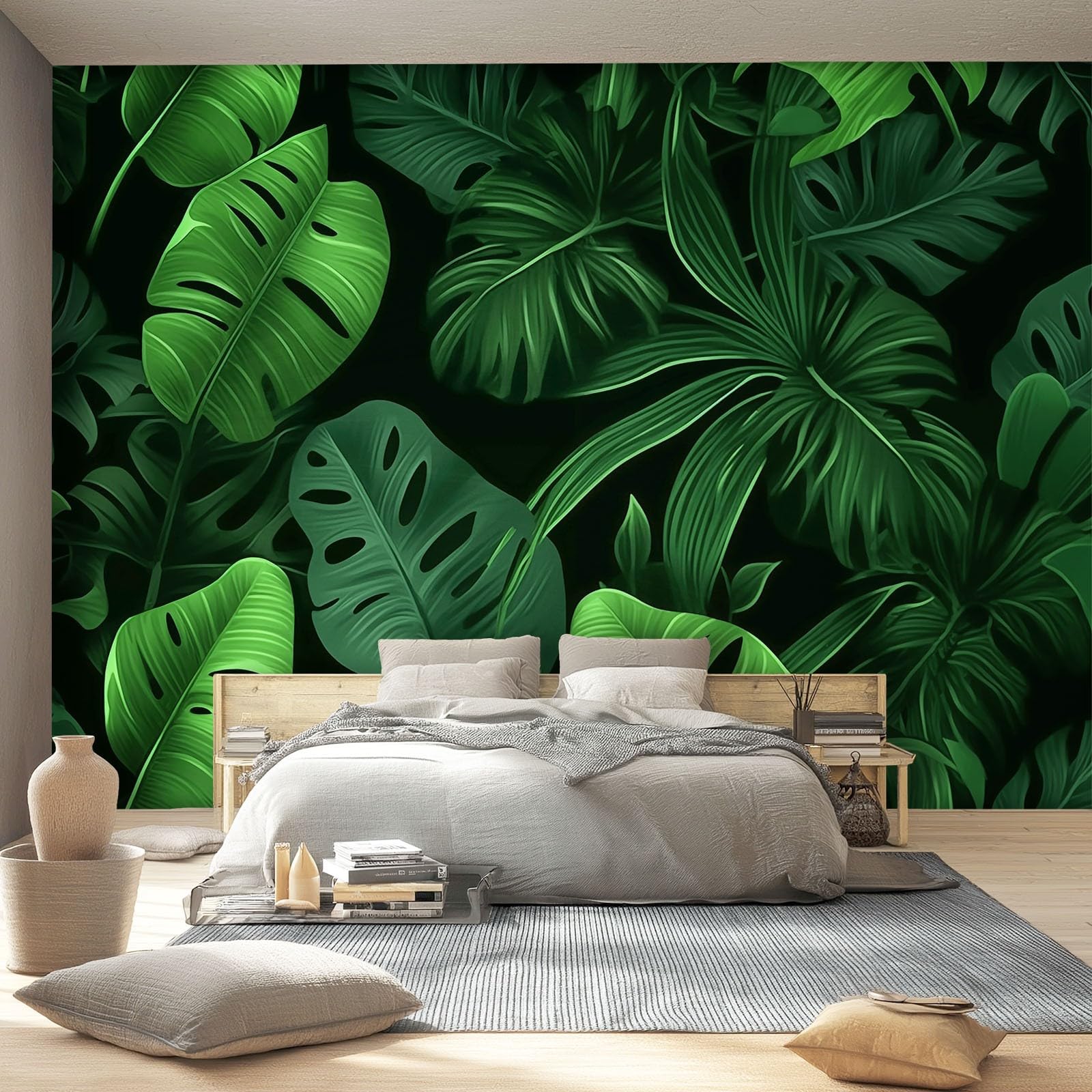 Carta Da Parati 250 x 175 cm Carta Da Parati Per Camera - Foglie Tropicali Rami Texture Progettazione del modello - Verde Nero Da Letto Parete Non Tessuto Stampa Decorazione Murale