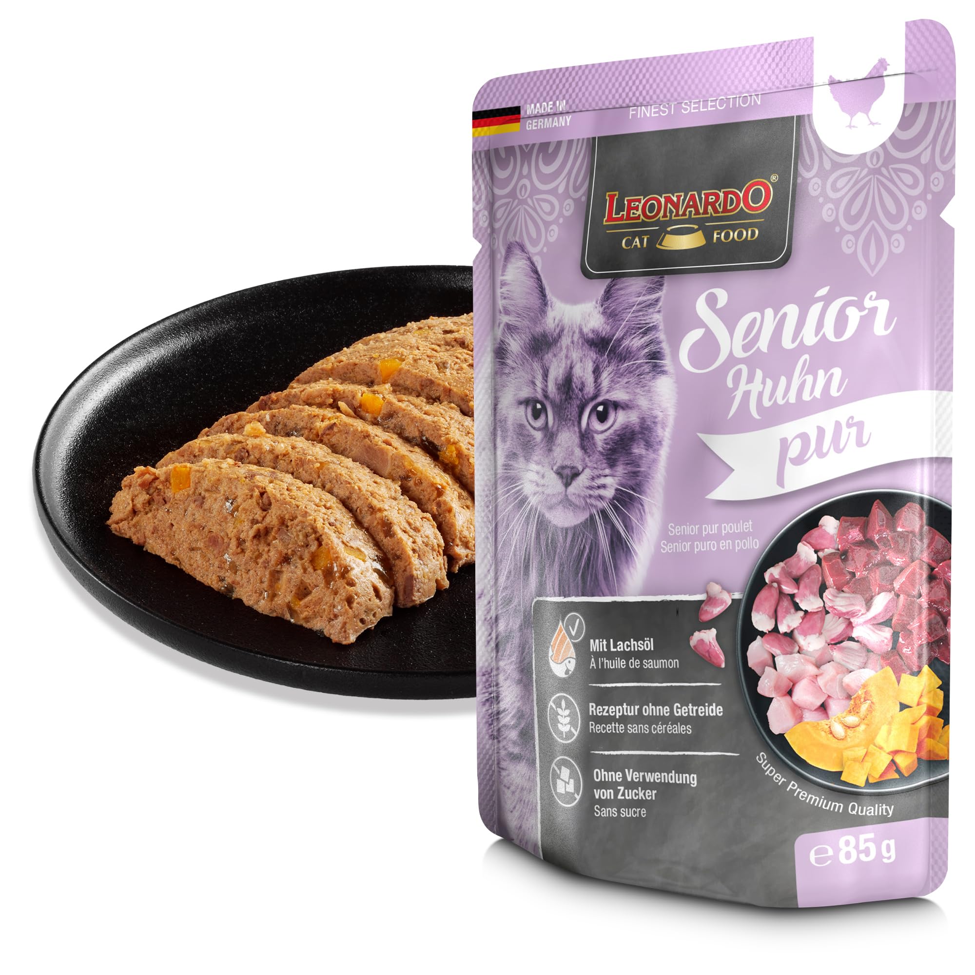 Leonardo Finest Selection Senior Huhn pur | Doppelpack | 2 x 16 x 85 g | Nassfutter für ältere Katzen | Lachsöl für seidiges Fell | Rezeptur ohne Getreide und Zucker | Mit Kürbis