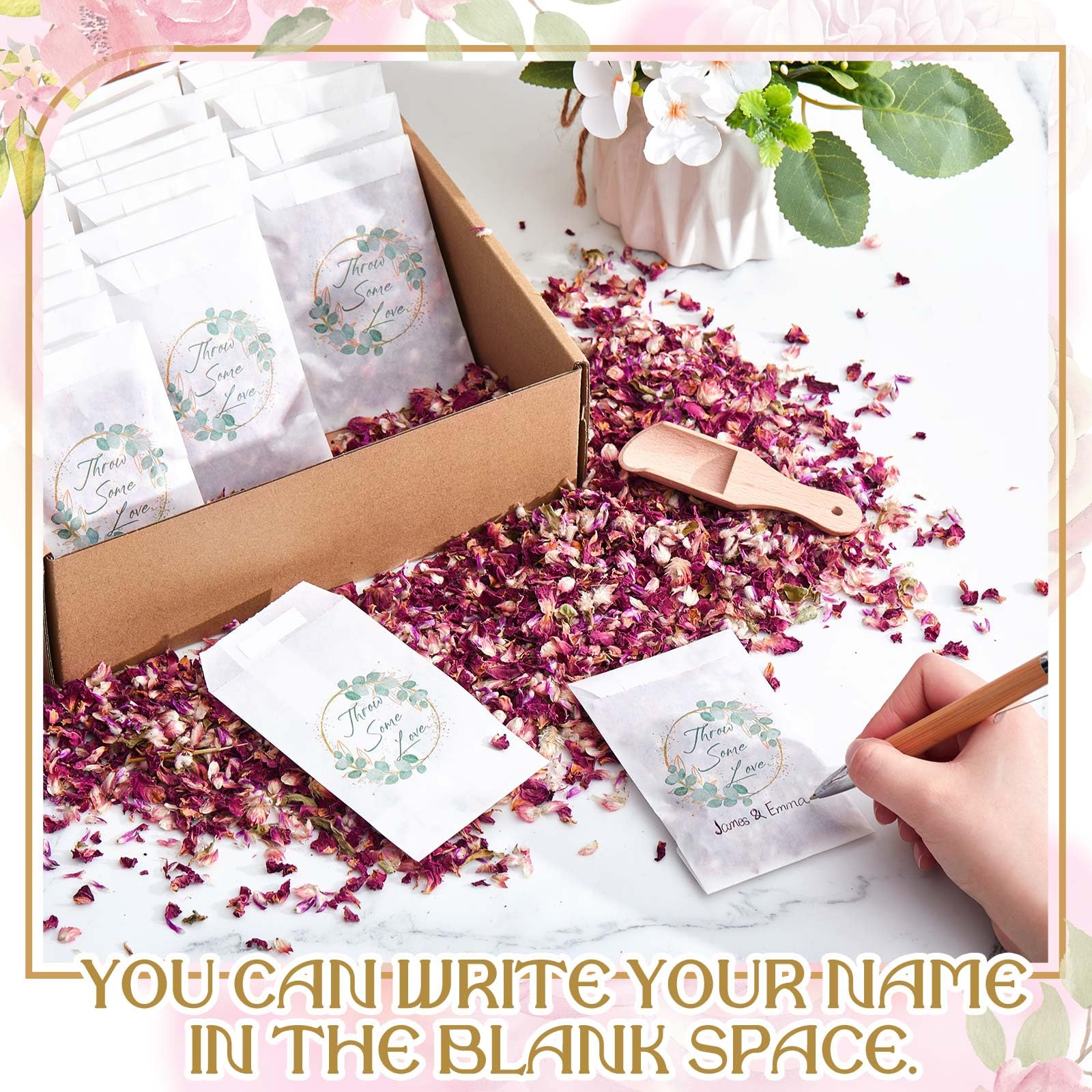 Tenare 100 Sets Wedding Confetti Bags Kit for 90-100 Guests Includes 360g Natural Dried Flower Dried Rose Petals Glassine Envelopes Paper Confetti Bags with Pattern for Wedding Anniversary - Image 4