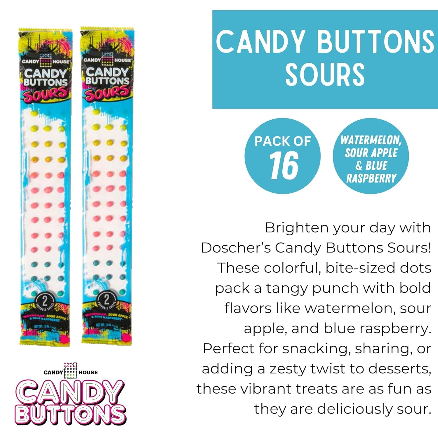 Candy House Sour Candy Buttons – Tangy Sweet Treats, Colorful Edible Buttons, Sour Snacks, 0.5 oz, Pack of 24 (48 Strips)