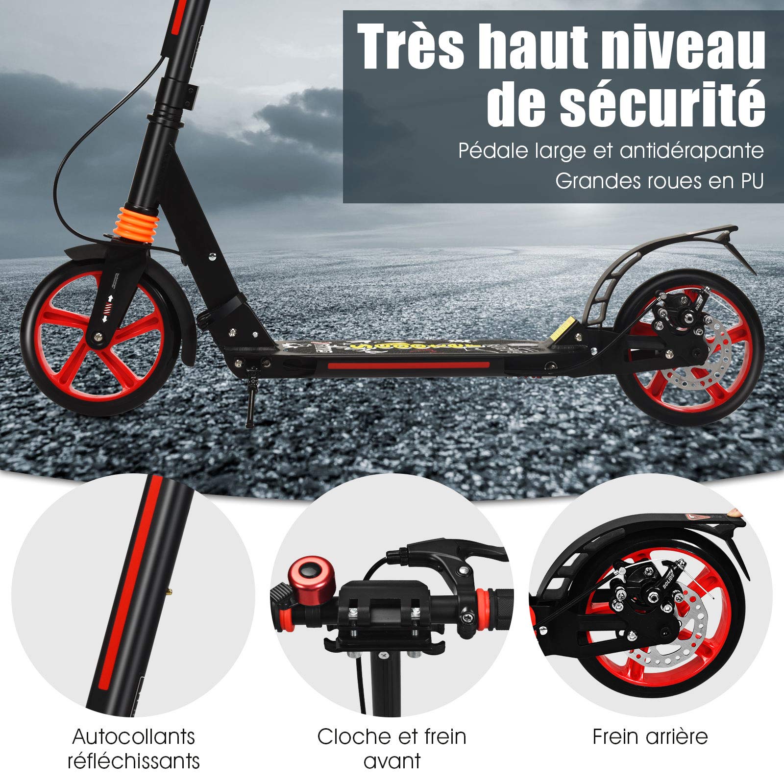 GOPLUS Trottinette Pliable avec Freinage Double, Guidon Réglable (86,5-101CM), Système d'Absorption de Choc pour Adultes, Enfants Plus de 8 Ans, Jusqu'à 100kg