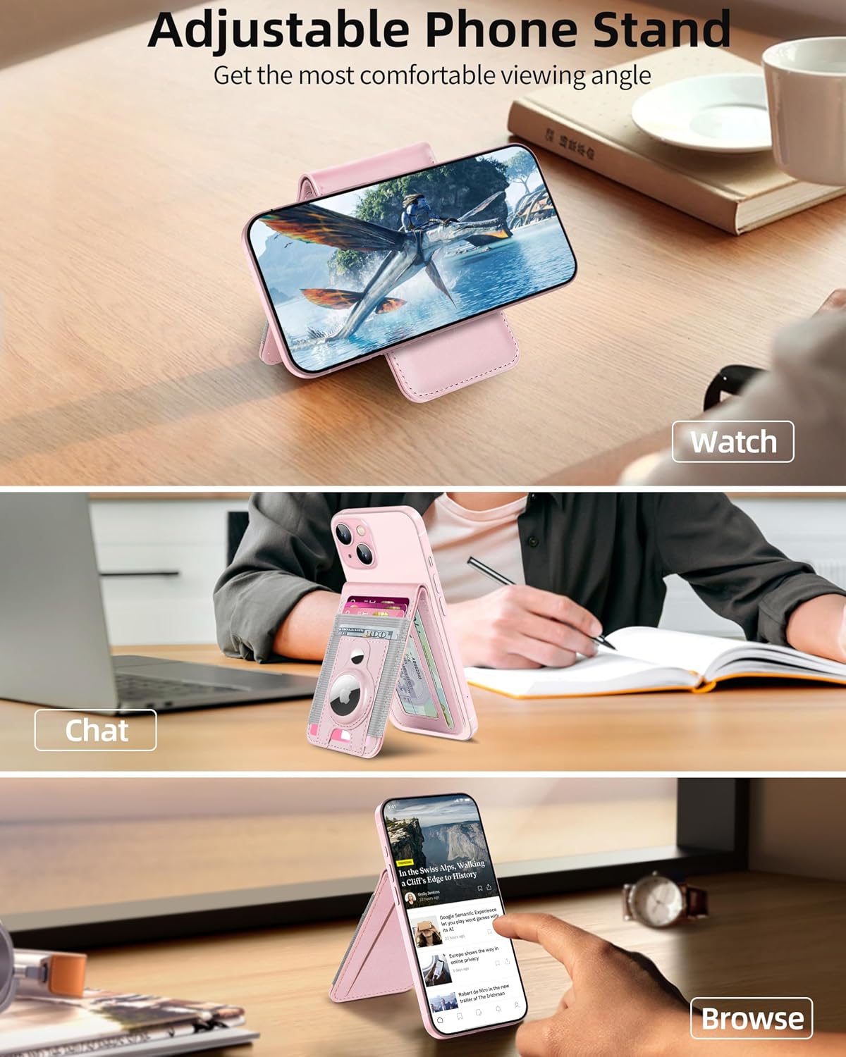 For Magsafe Wallet with Airtag Holder, Strong Magnetic Wallet for iPhone 17/16/15/14/13/12 Series, for iPhone Walletwith Adjustable Stand, ID Window, 4 Card Slots, 10 Cards Holder, Vegan Leather, Pink thumbnail