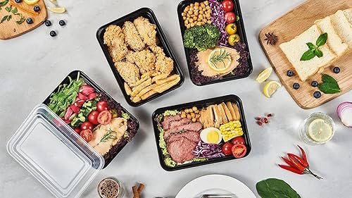 Miniatura 7 de FULING Paquete de 50 recipientes de plástico para almacenamiento de alimentos con tapas, 28 onzas, 1 compartimento, color negro, rectangular,