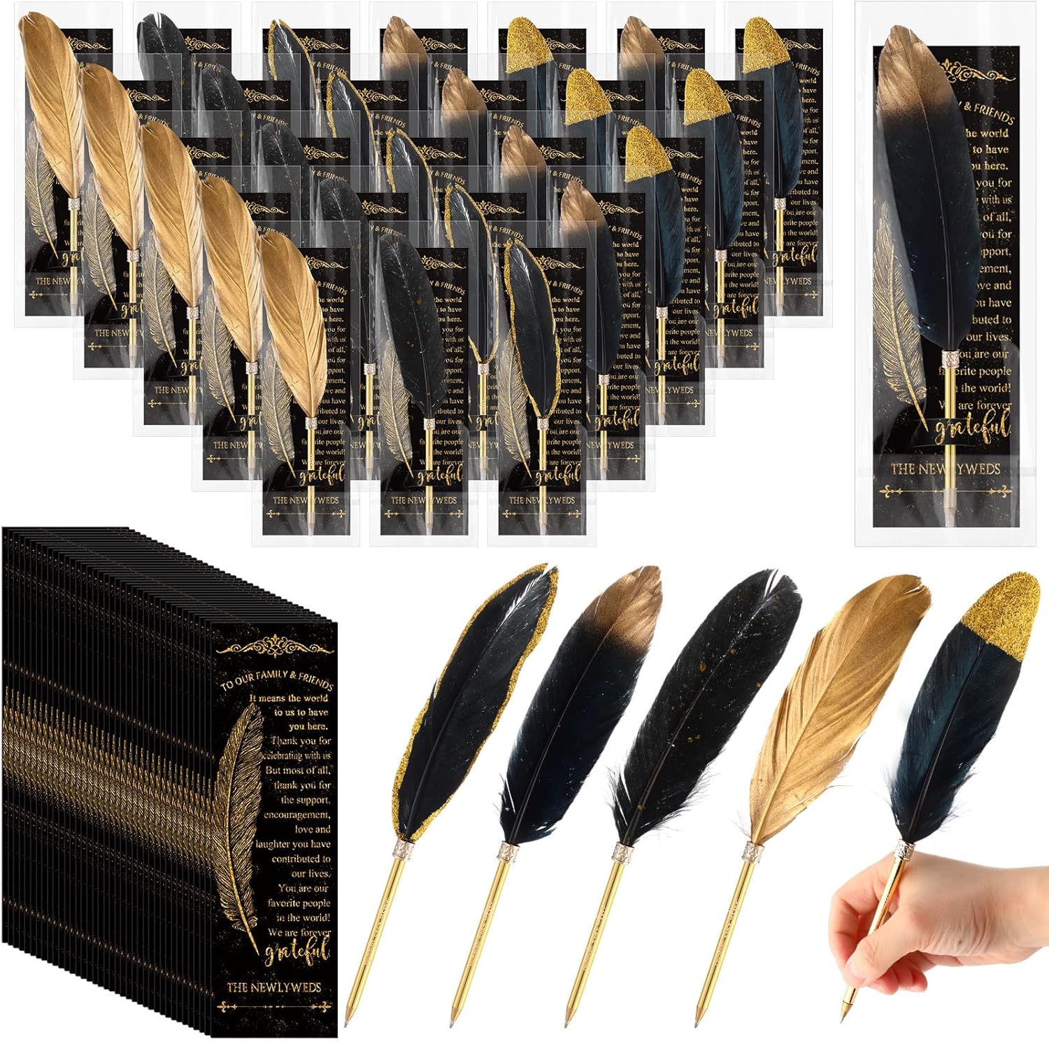 Spakon 25 Sets Feather Pen Wedding Favors Bulk bridal Shower Quill Ballpoint Pens Gold Vintage Bridal Shower Favors with Thank You Tags Wedding Gifts Souvenirs for Guest Signature(Elegant)
