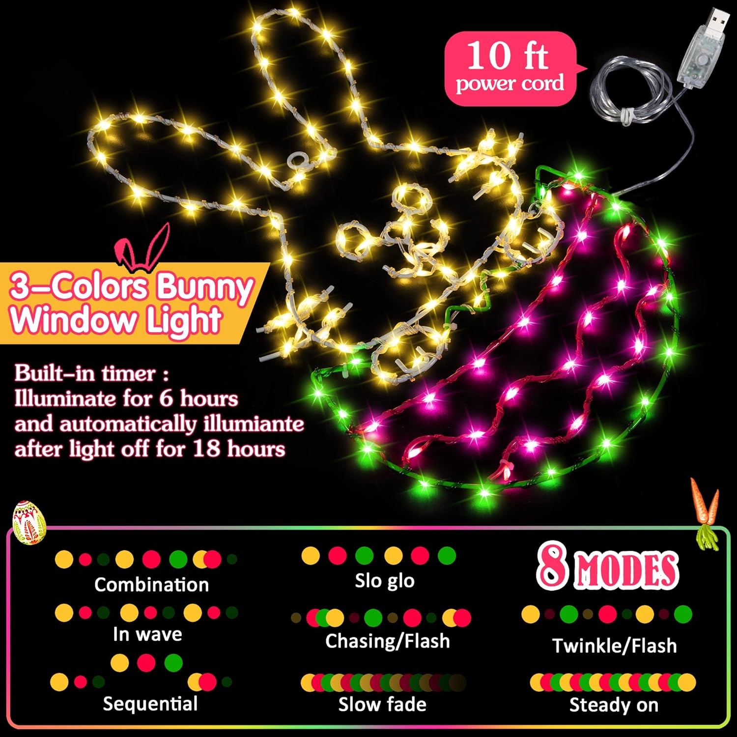 Image illustrating the 8 different lighting modes of the Hiboom Easter Egg Bunny Window Light. Each mode is represented by a pattern of colored dots, including Combination, In Wave, Sequential, Slo Glo, Chasing/Flash, Slow Fade, Twinkle/Flash, and Steady On. The image also shows the 10 ft power cord and mentions a built-in timer for 6 hours on and 18 hours off.