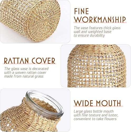 Miniatura 3 de Florero de cristal con cubierta de ratán, florero creativo de estilo japonés, florero floral de granja para arreglos florales, decoración de fiesta