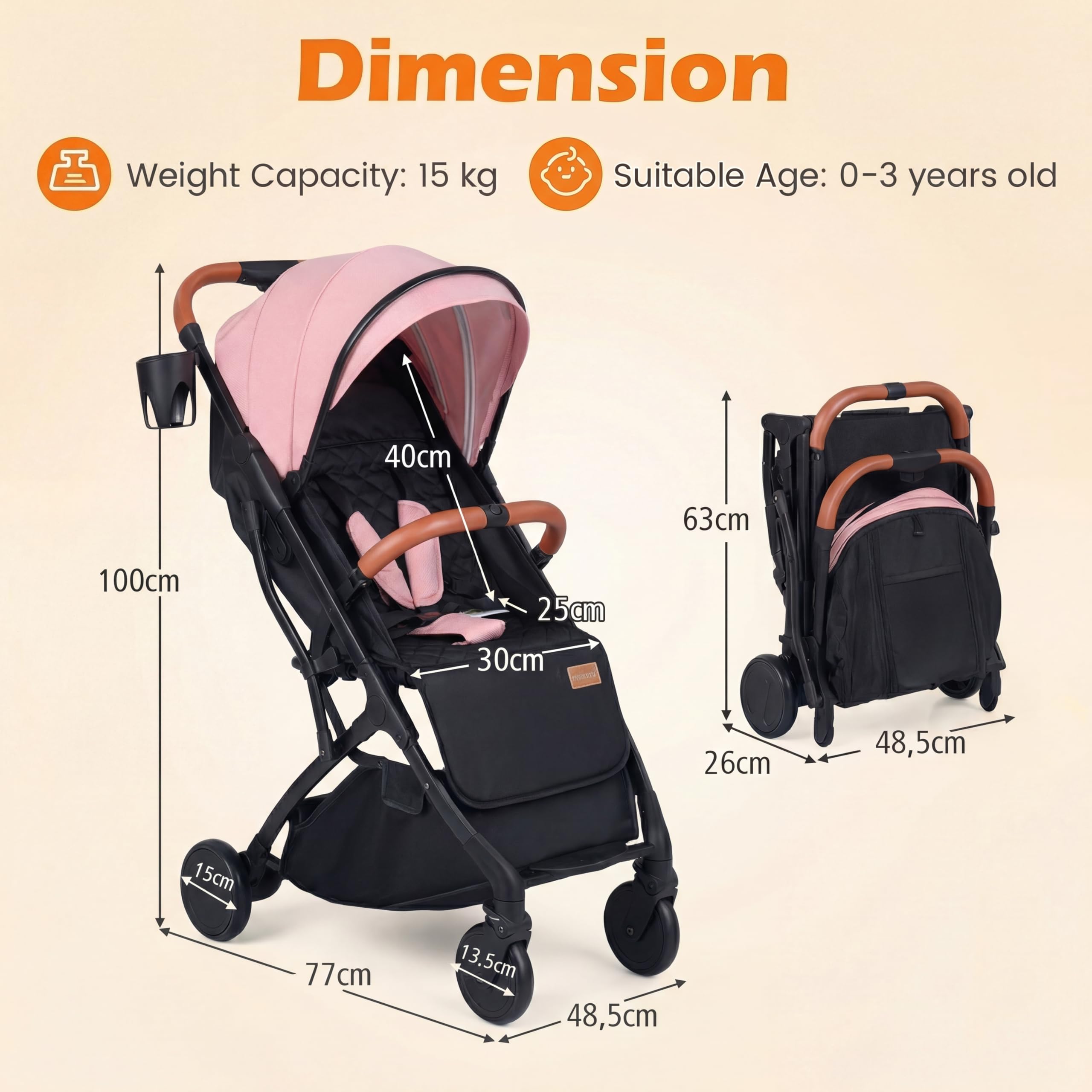 GIANTEX Silla de Paseo Ligera, Carrito Bebé Plegable con una Mano, Respaldo y Reposapiés Ajustables, Capota Extensible, Cubierta Impermeable, Cesta y Portavasos, Cochecito Bebé Compacto (Rosa)