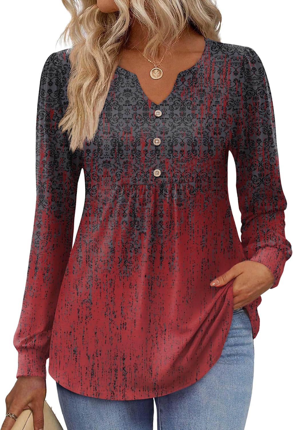 Zeagoo Long Sleeve Shirts for Women 2025 Casual Pleated V Neck Fall Tunic Tops Button Down Blouse Dressy Loose T-Shirts - Image 2