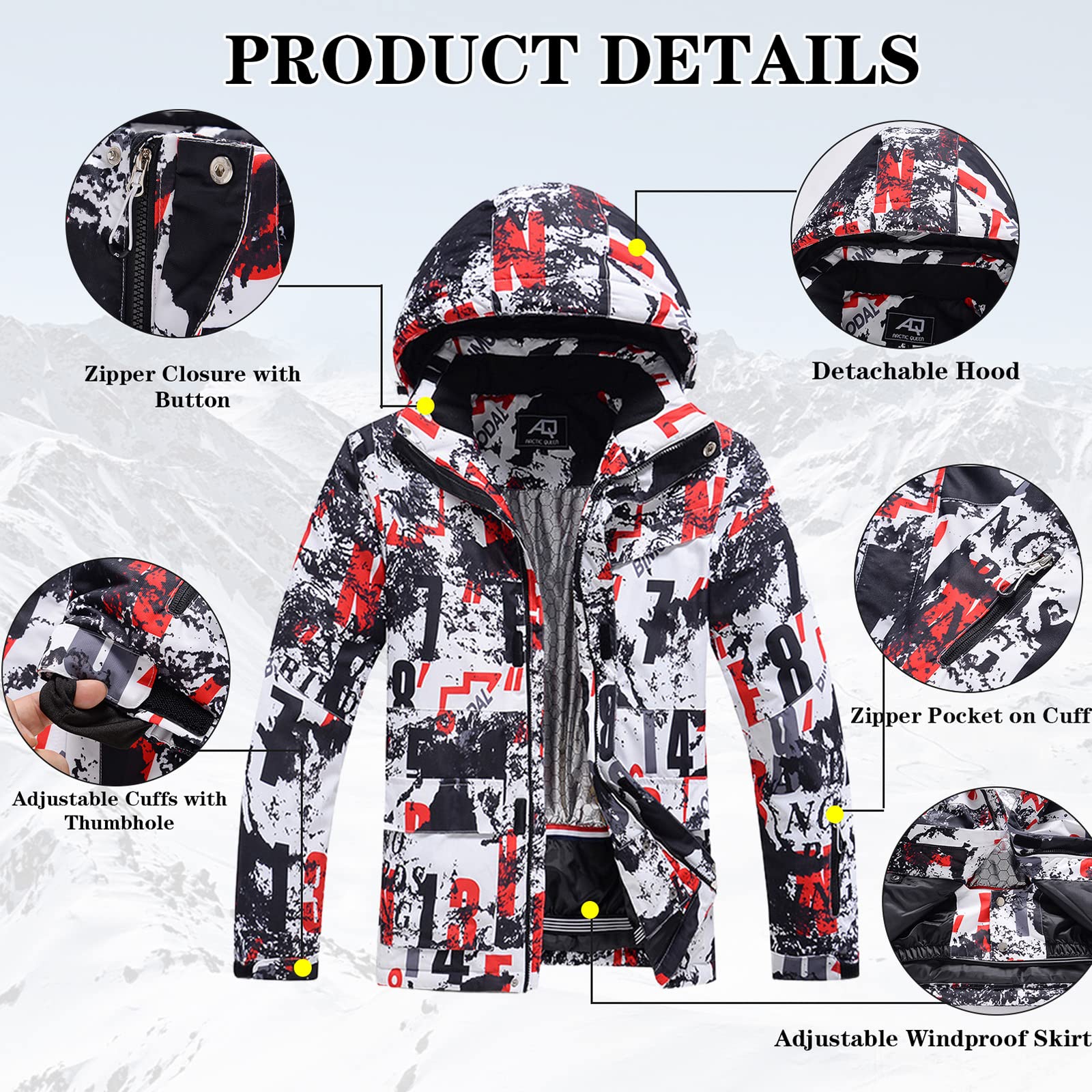 ALSOGO Combinaison de ski pour homme - 2 pièces - Colonne d'eau : 10 000 mm - Respirante - Coupe-vent - Avec capuche amovible - Pour le ski, le snowboard