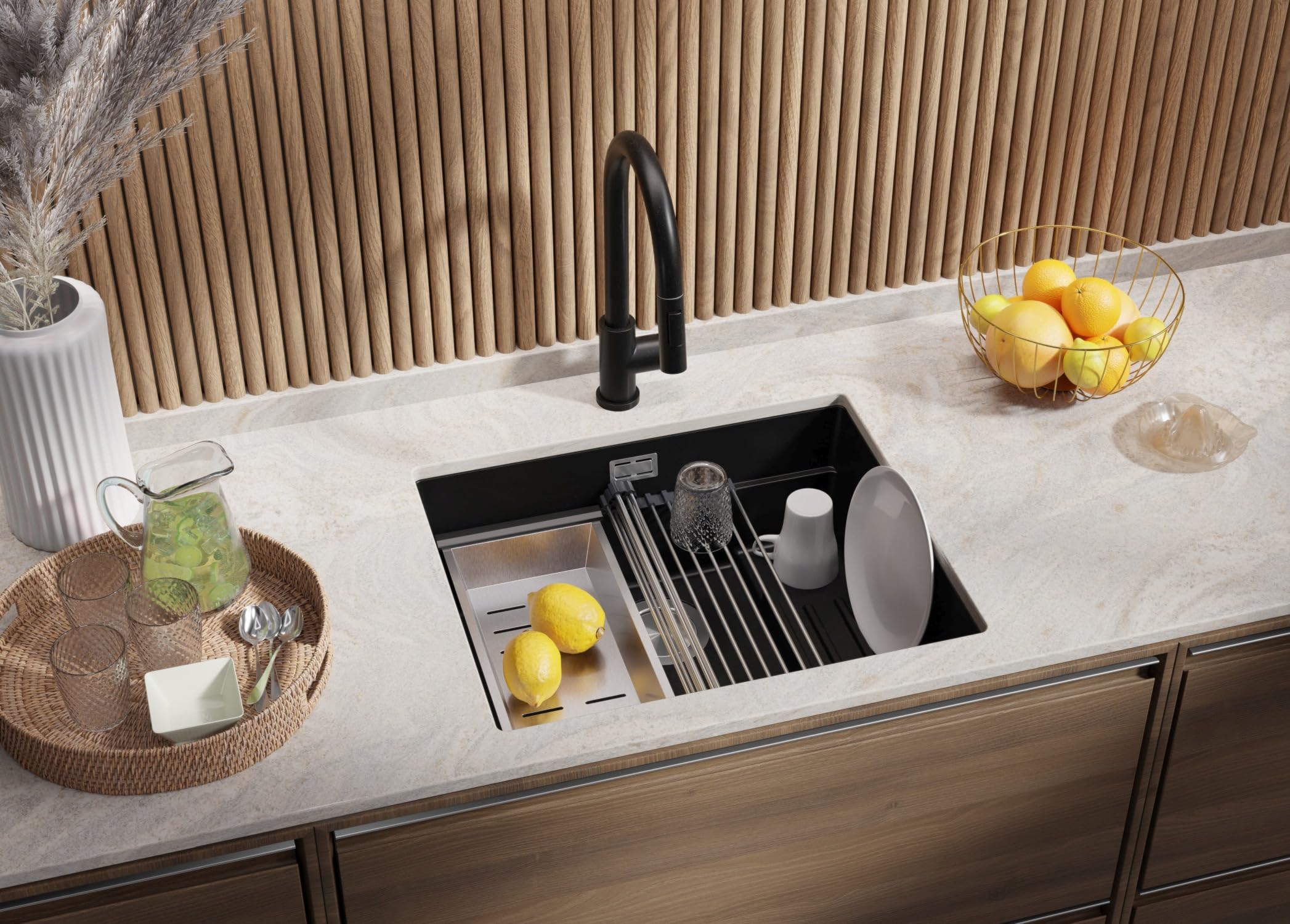 PRIMAGRAN Fregadero bajo Encimera Todo Negro - Prague Step, 56x47cm | Cocina 1 Seno + Set de accesorios, Granito al Mueble 60cm (S367)