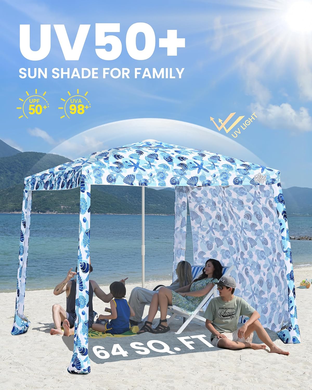 Qipi Beach Cabanas for Sand, Beach Canopy with Sandbags & Side Wall for Family, Easy Set Up Sun Shelter, UPF 50+ UV Protection with Roof Vent