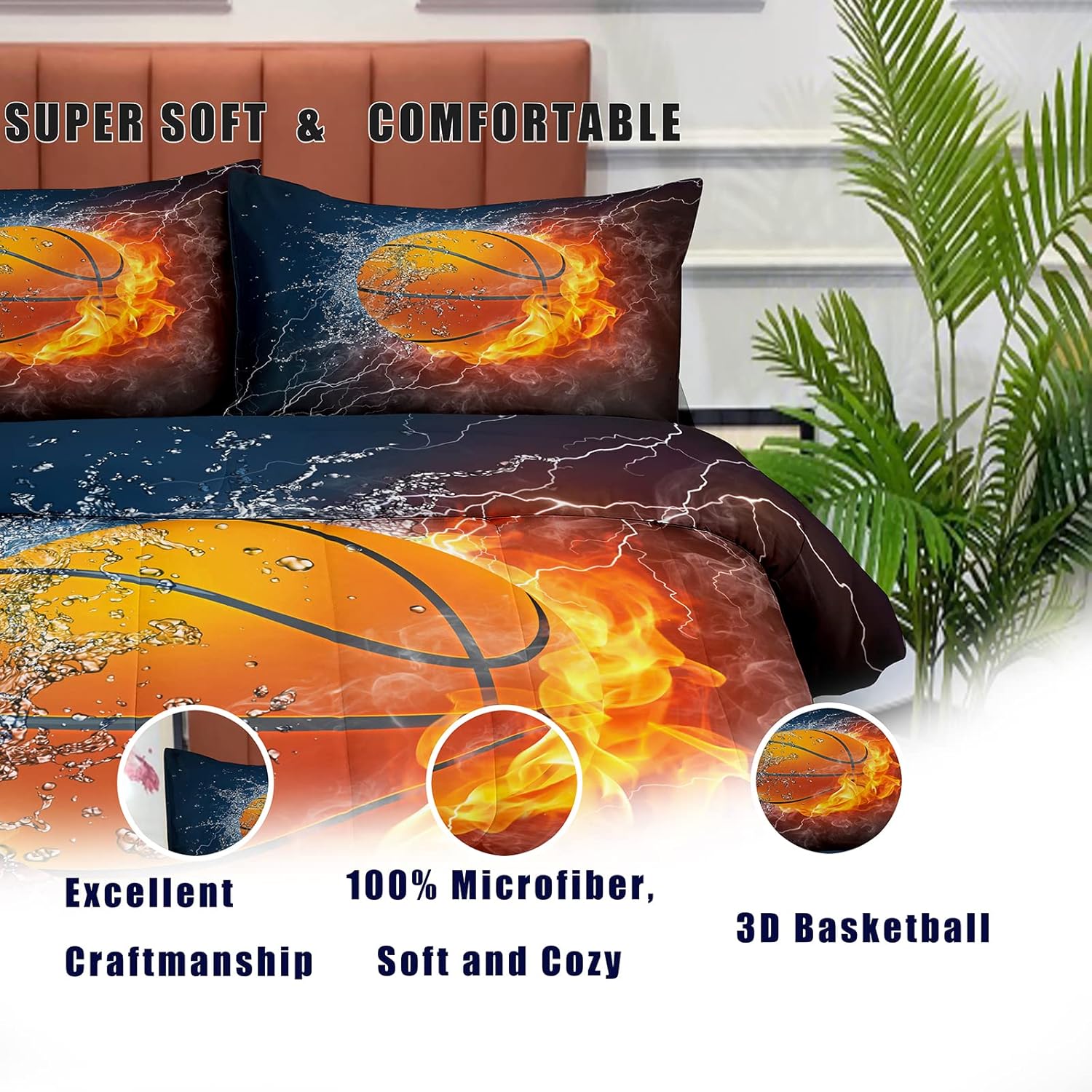 Frее Shірріng 🛒 NINENINE Basketball Sport Comforter Bedding Set King Size for Boys Teens,Basketball Surrounded by Ice and Fire Bedding Set,Soft Microfiber Reversible Quilt with Matching Pillowcase#5001