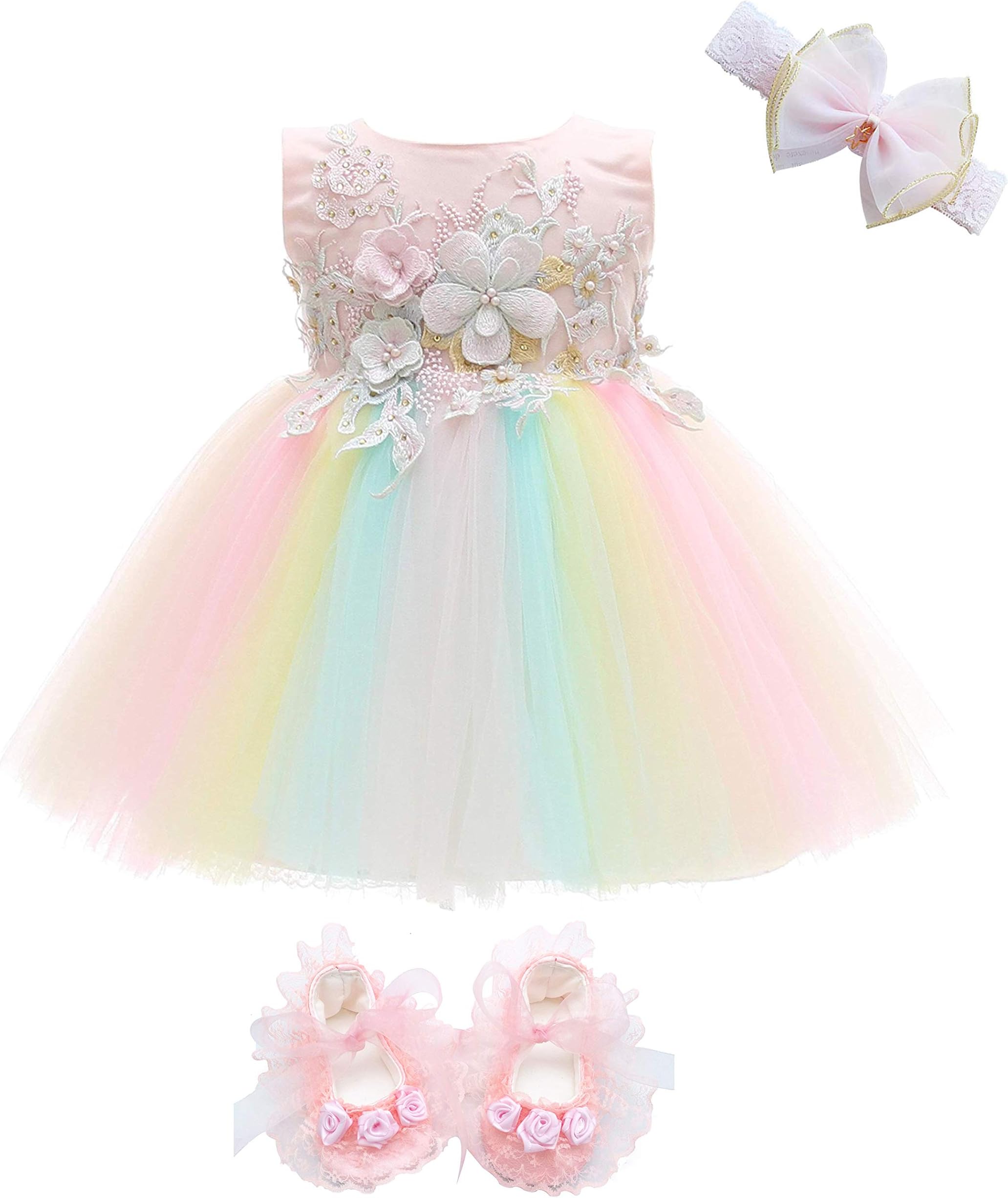 Baby Girls Wedding Dress Rainbow Tulle 3D Embroidery Beading Princess Tutu Dresses