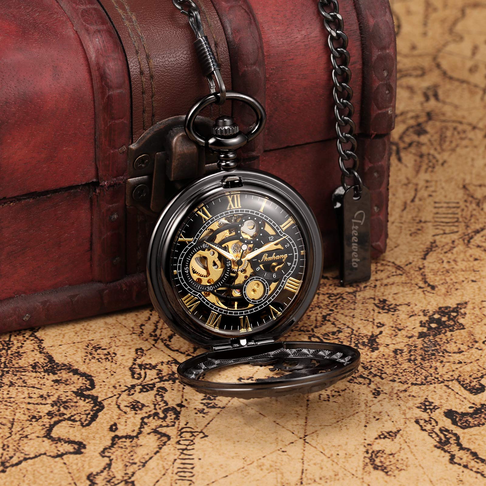 Treewo Montre de Poche Unisexe avec chaîne et rehausseur à Main analogique avec Double charnière et Squelette en Bronze