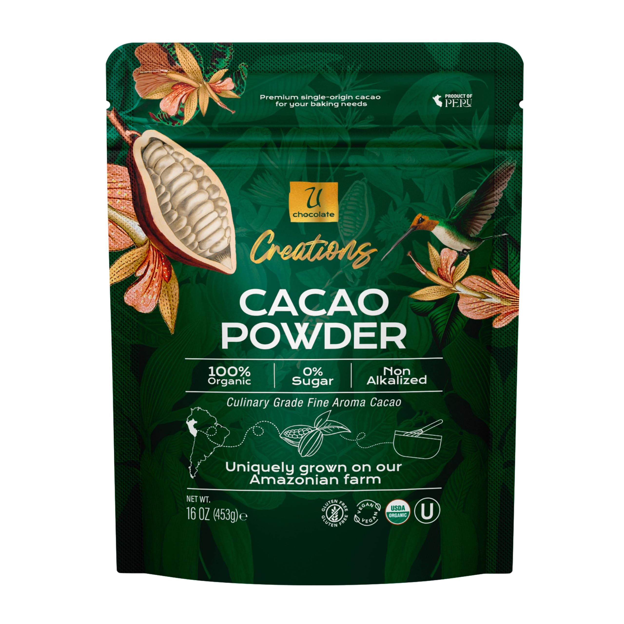 U Chocolate Organic Cacao Powder - Natural - Fresh From our Farm (1 bag (16 oz))